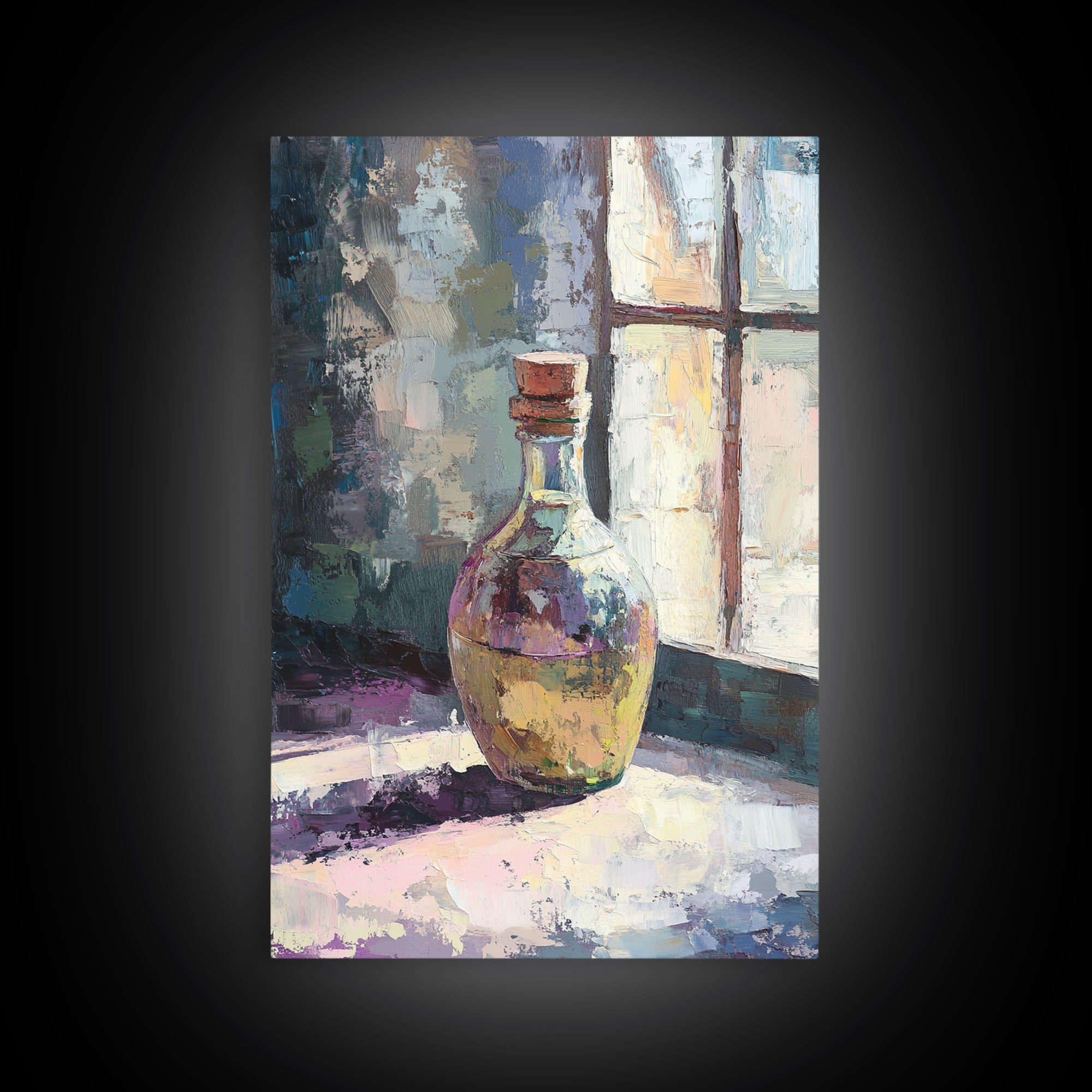 Sunlit Glass Bottle By Window Wall Art, Moody Still Life Painting, Rustic Kitchen Decor, Contemporary Canvas Print For Home