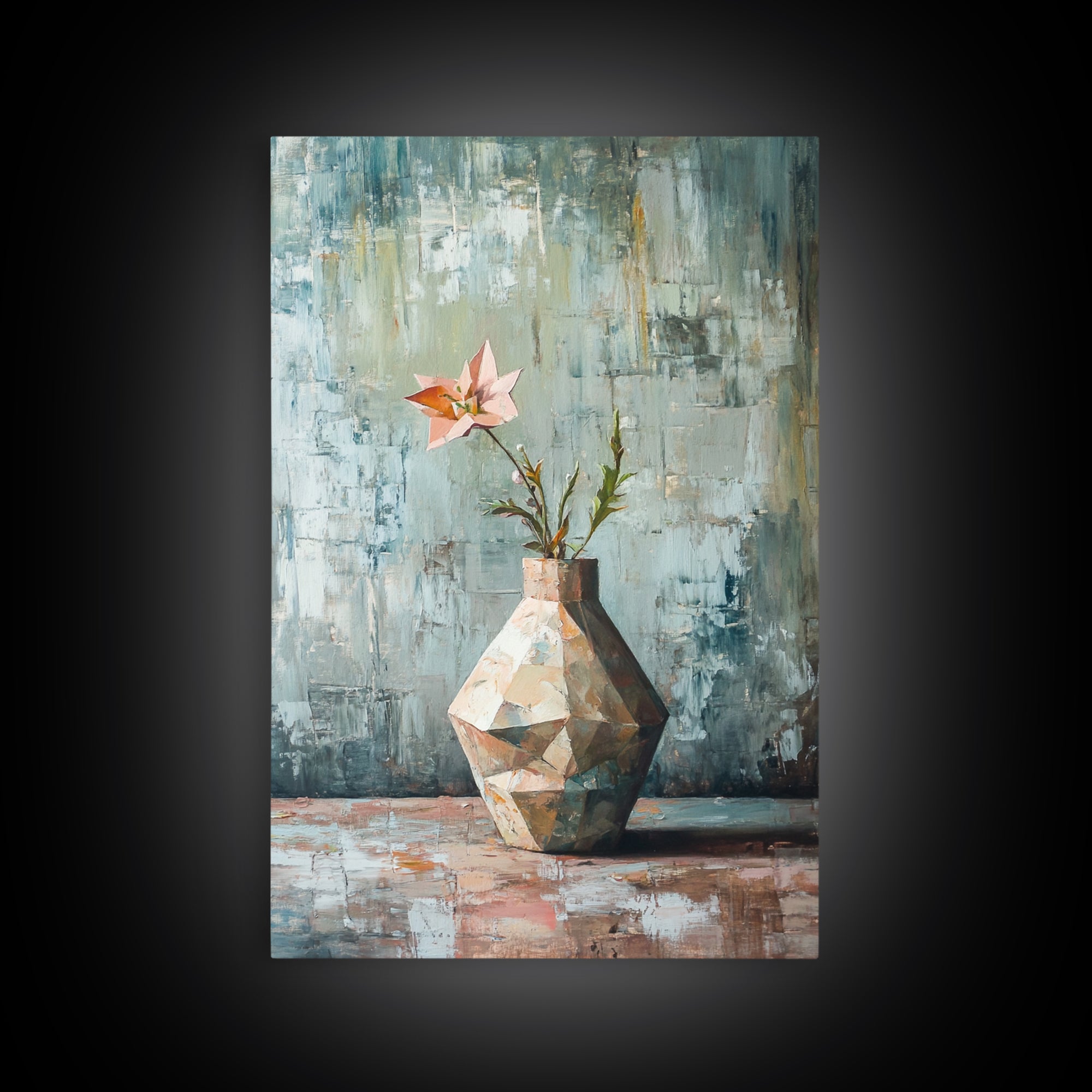 Single Pink Flower In Geometric Vase Canvas Print, Textured Still Life Wall Art For Kitchen Decor And Modern Home Decor Gift