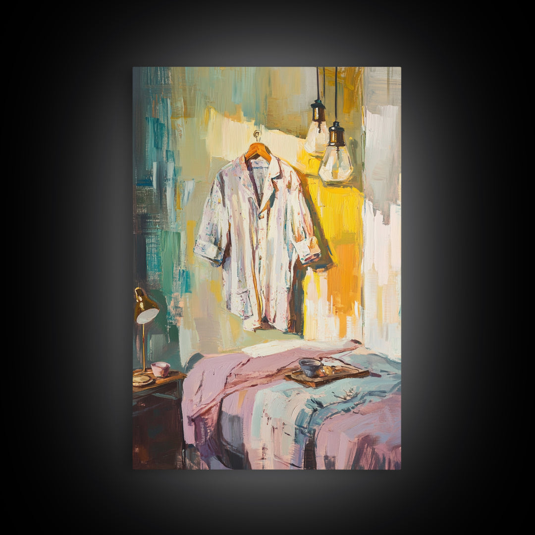 Cozy Bedroom With Hanging Shirt Canvas Print, Warm Guest Room Wall Art, Airbnb Wall Decor And Modern Farmhouse Decor Gift