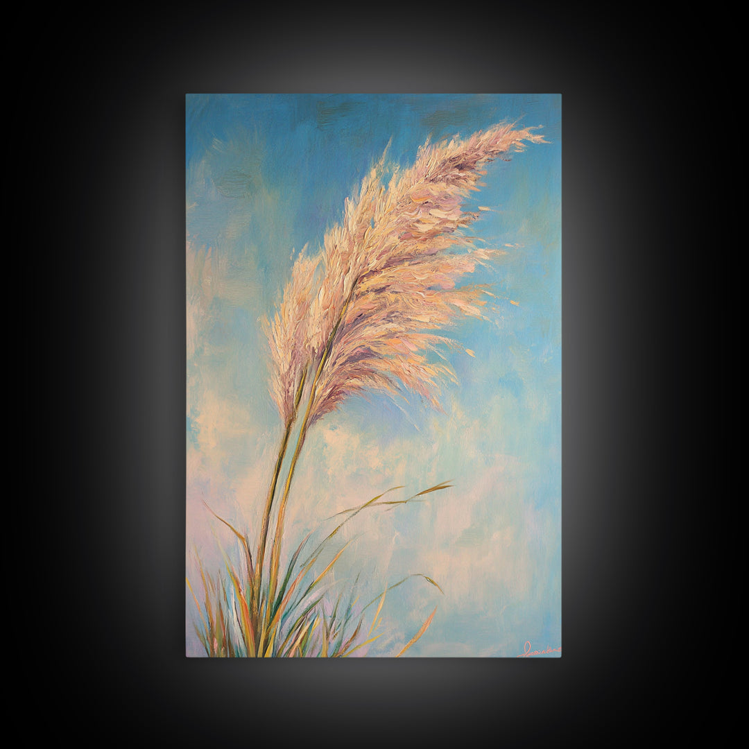 Pink Pampas Grass Against Blue Sky Framed Canvas Print, Coastal Botanical Wall Art For Boho Bedroom Decor And Nature Gift