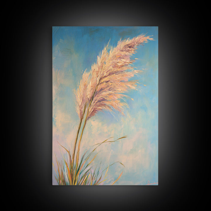 Pink Pampas Grass Against Blue Sky Framed Canvas Print, Coastal Botanical Wall Art For Boho Bedroom Decor And Nature Gift
