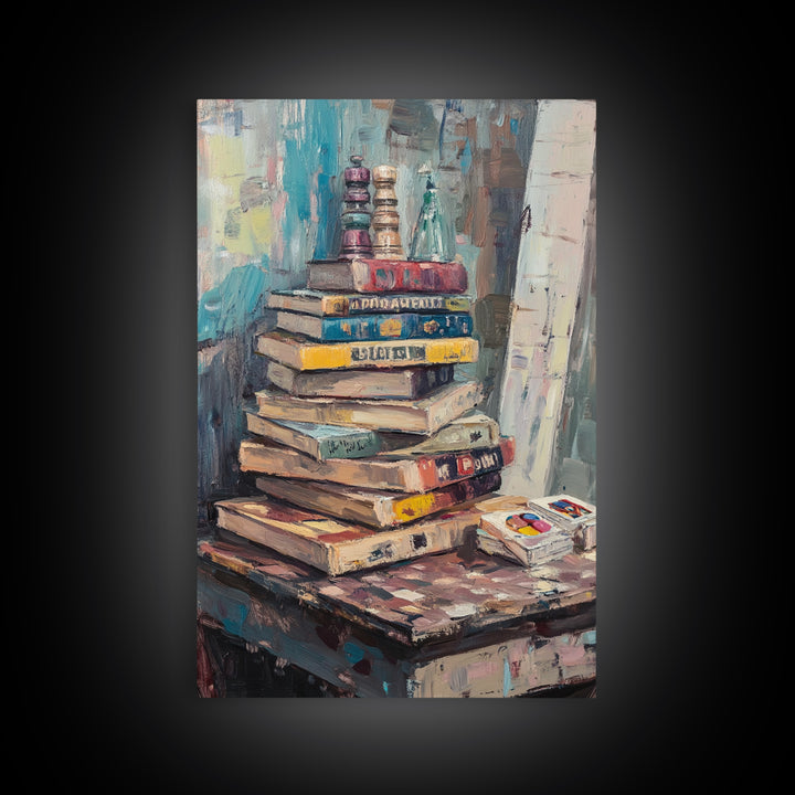 Stack Of Weathered Books Canvas Print, Cozy Library Wall Art For Reading Nook Decor, Book Lover Gift And Office Decor Print