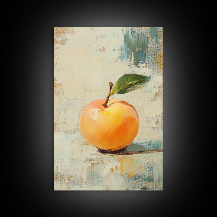 Golden Apple With Green Leaf Canvas Print, Minimal Fruit Still Life Wall Art For Kitchen Decor And Modern Farmhouse Wall Decor