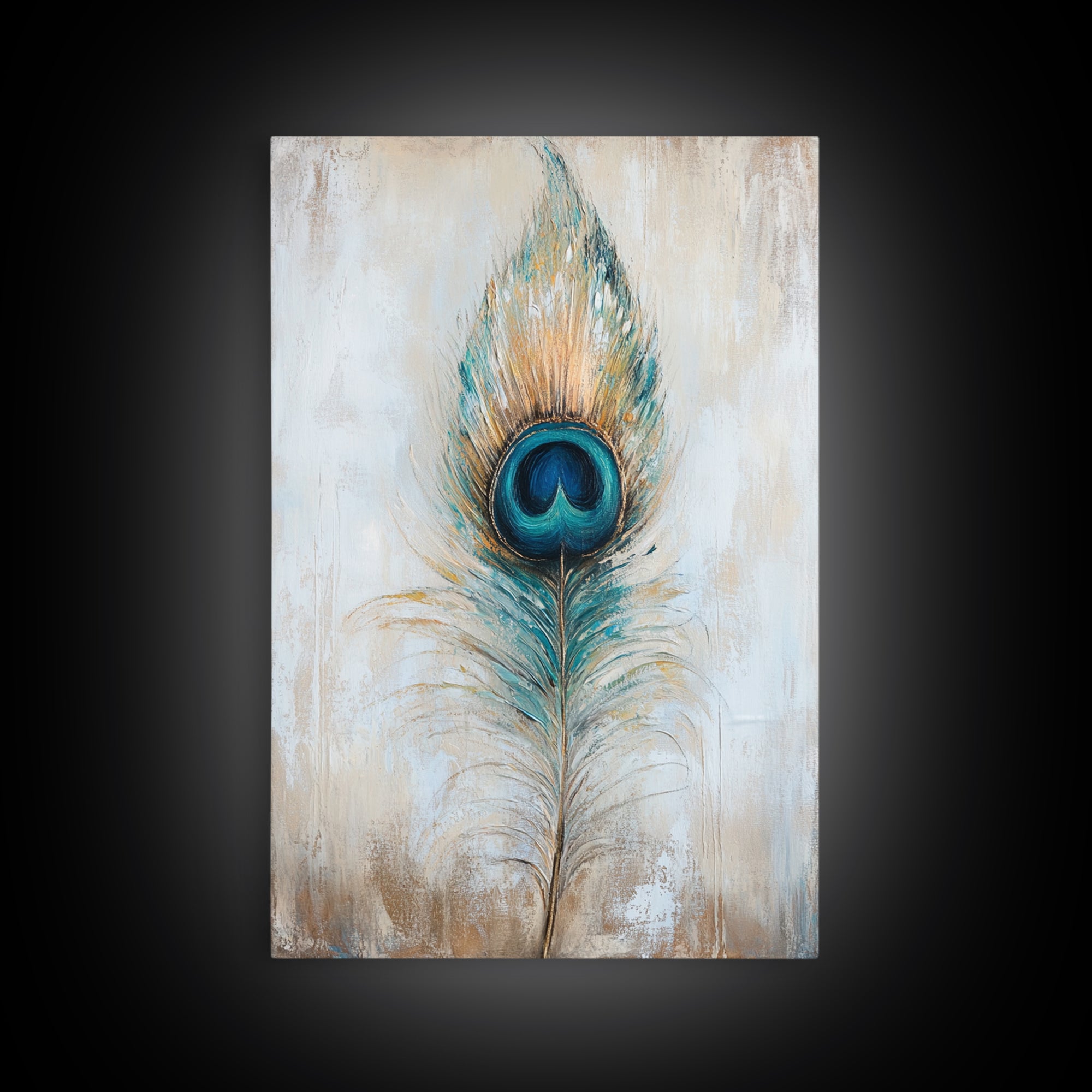 Blue Peacock Feather Wall Art, Boho Bird Feather Canvas Wall Decor, Teal Gold Nature Print, Neutral Living Room Decor, Home Decor