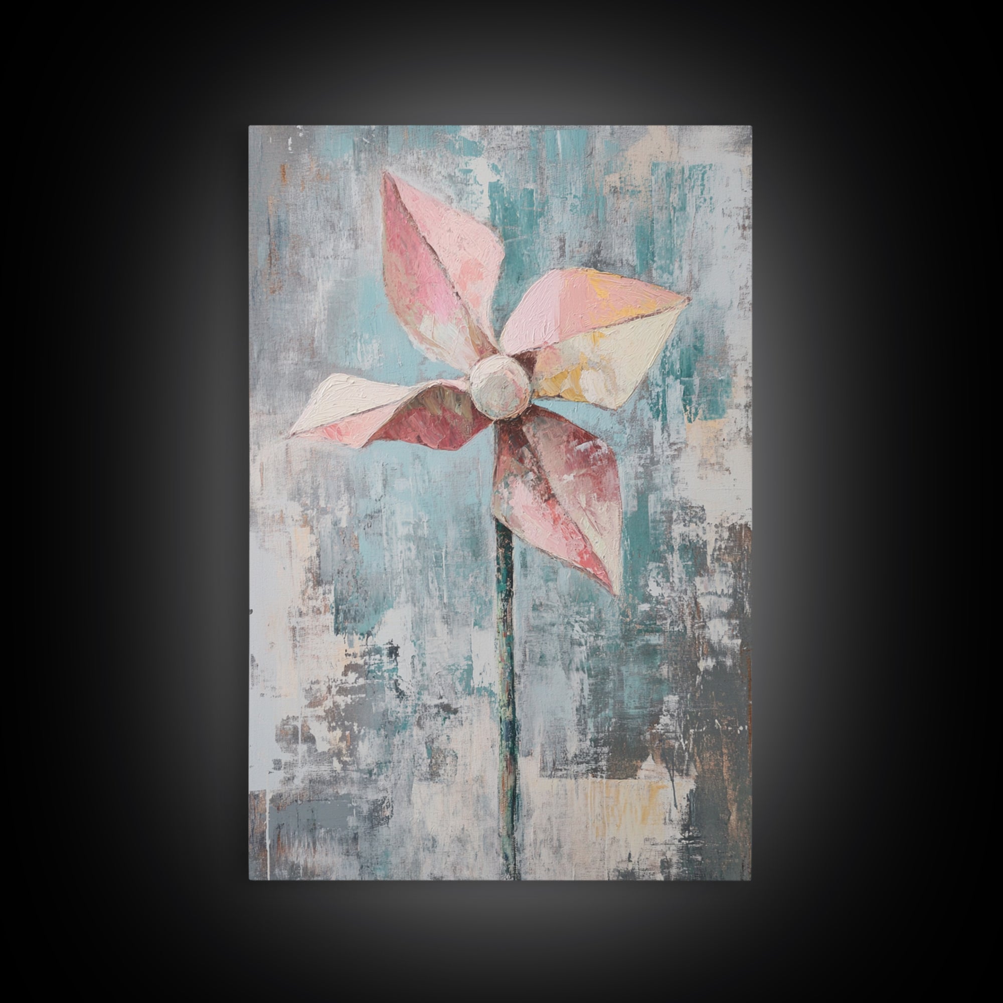 Pink Paper Pinwheel Minimalist Canvas Print, Whimsical Nursery Wall Art, Soft Pastel Playroom Decor Gift For Kids Room Home Decor