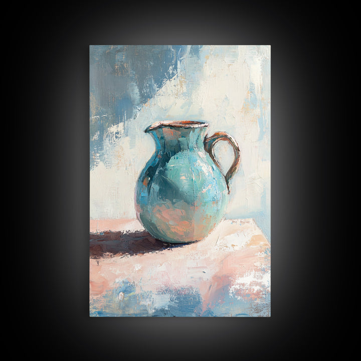 Turquoise Ceramic Pitcher Canvas Print, Rustic Kitchen Wall Art, Coastal Home Decor, Still Life Painting, Gift For Her, Fine Art