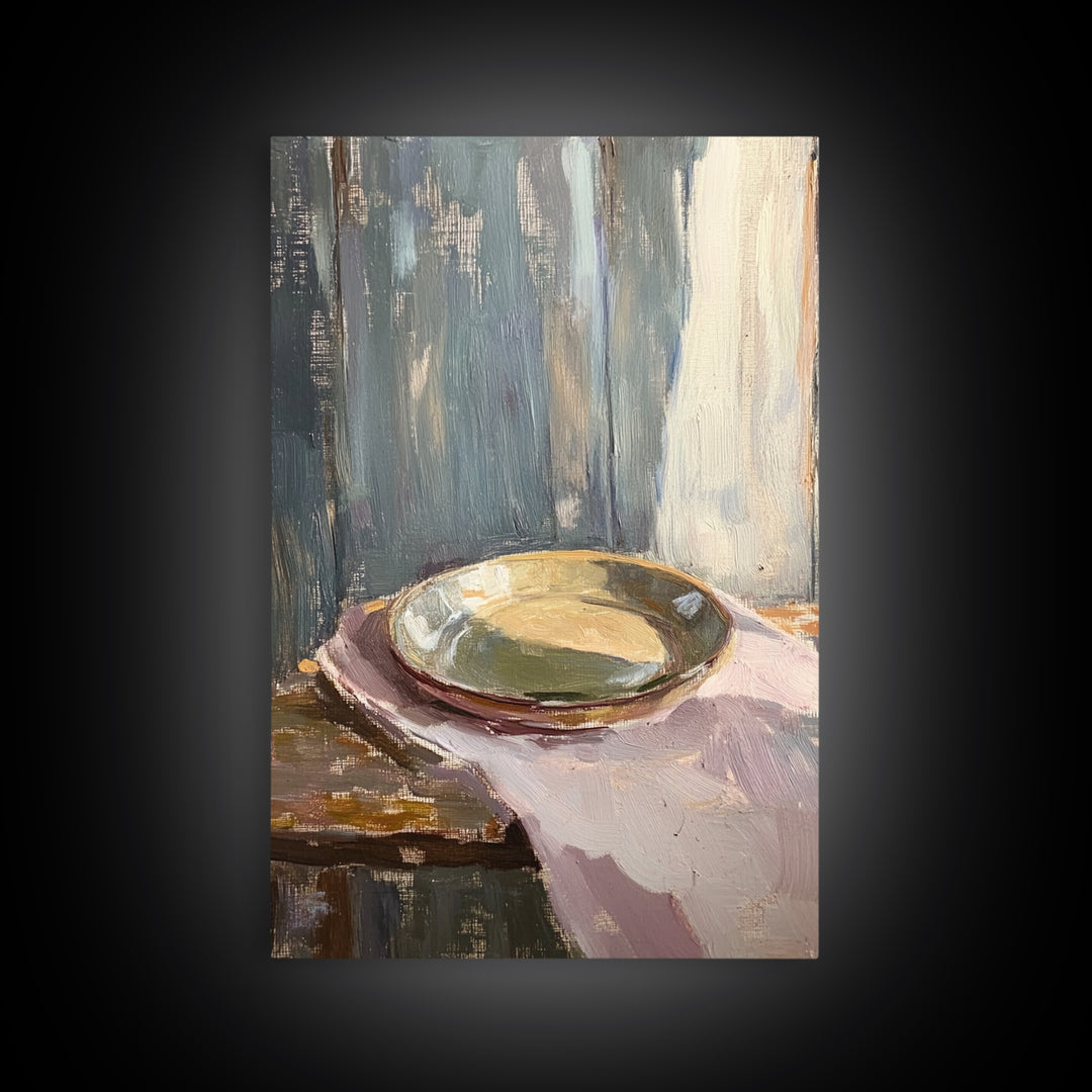 Shallow Ceramic Bowl On Linen Framed Canvas Print, Minimalist Kitchen Wall Art, Neutral Home Decor, Moody Still Life Painting