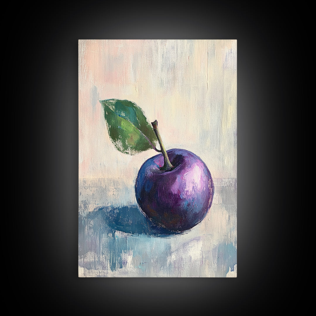 Purple Plum With Green Leaf Canvas Print, Still Life Fruit Art For Kitchen Wall Art, Rustic Farmhouse Home Decor Gift For Her