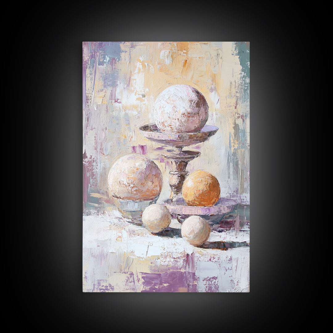 Textured White And Orange Spheres Canvas Print, Abstract Still Life Wall Art, Modern Neutral Decor For Living Room Gift For Her