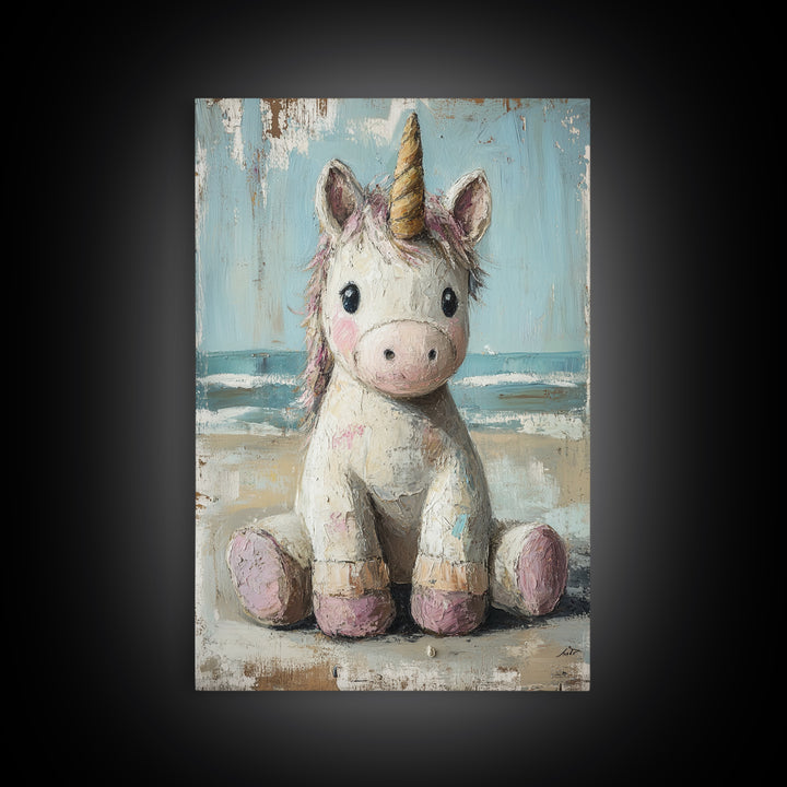 Cute Sitting Unicorn Nursery Wall Art, Whimsical Animal Canvas Print, Girls Room Decor, Magical Baby Shower Gift For Her