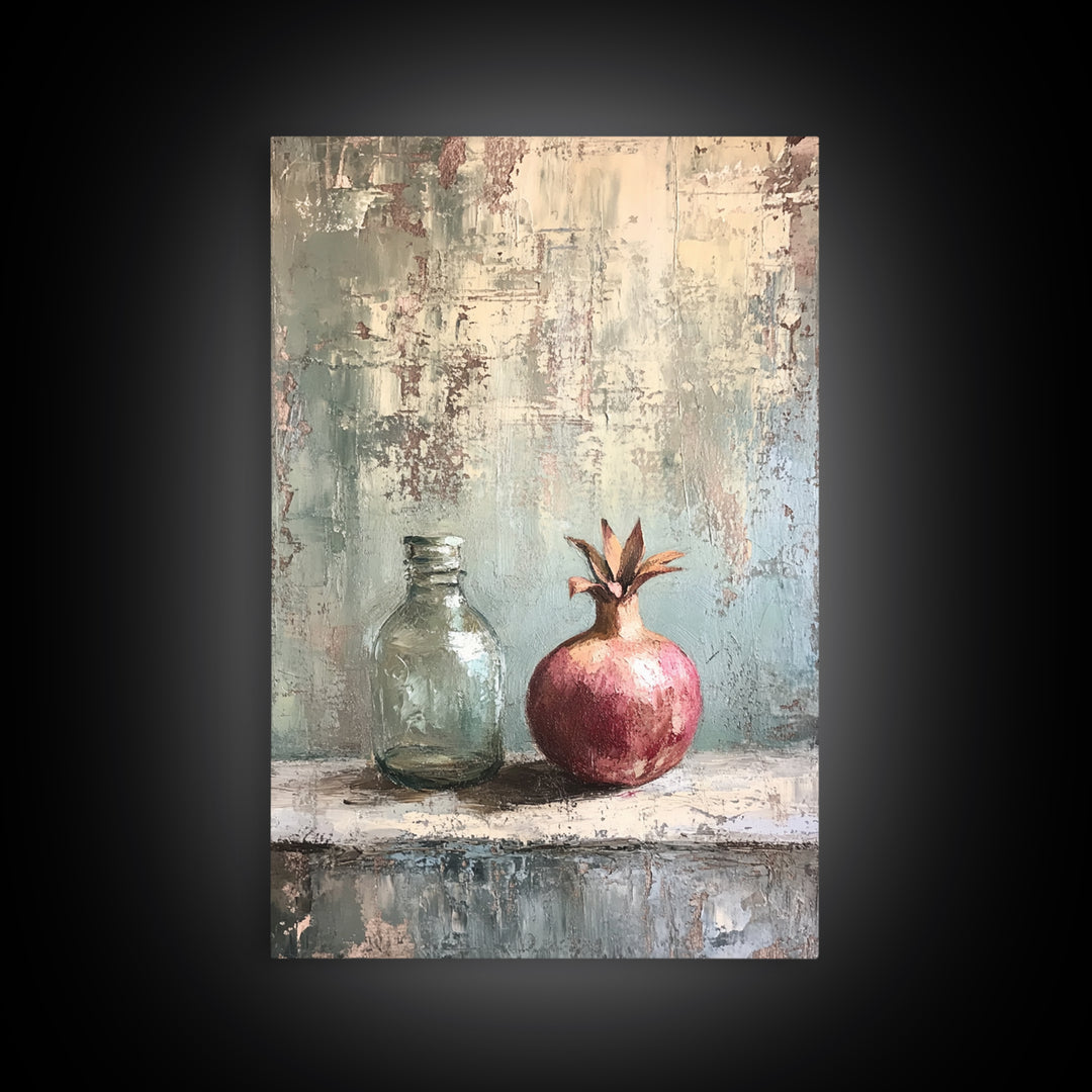Pomegranate And Glass Bottle Still Life Wall Art, Rustic Fruit Canvas Print, Neutral Kitchen Decor, Housewarming Gift For Her