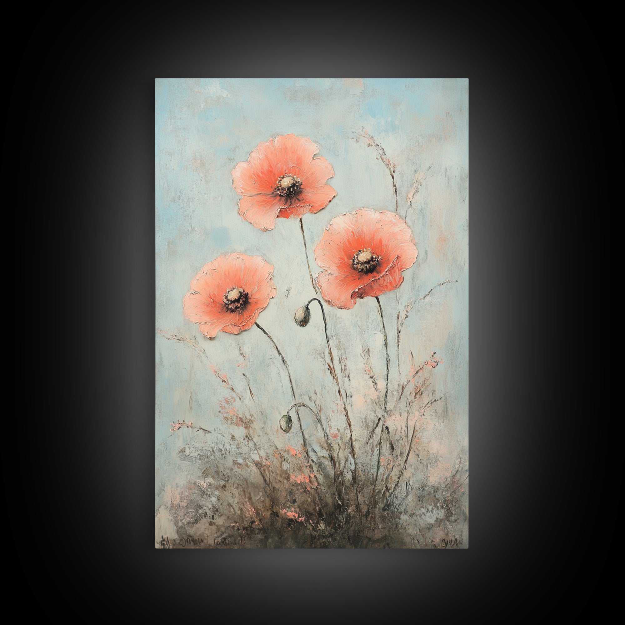 Coral Poppy Flowers On Blue Background Wall Art, Botanical Canvas Print, Floral Wall Decor For Bedroom Home Decor Gift For Her