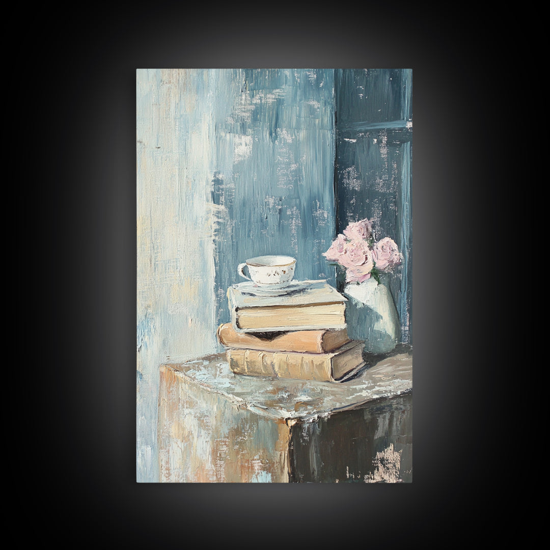 Stacked Books With Teacup And Pink Flowers Canvas Print, Cozy Reading Nook Wall Art, Library Home Decor Gift For Her