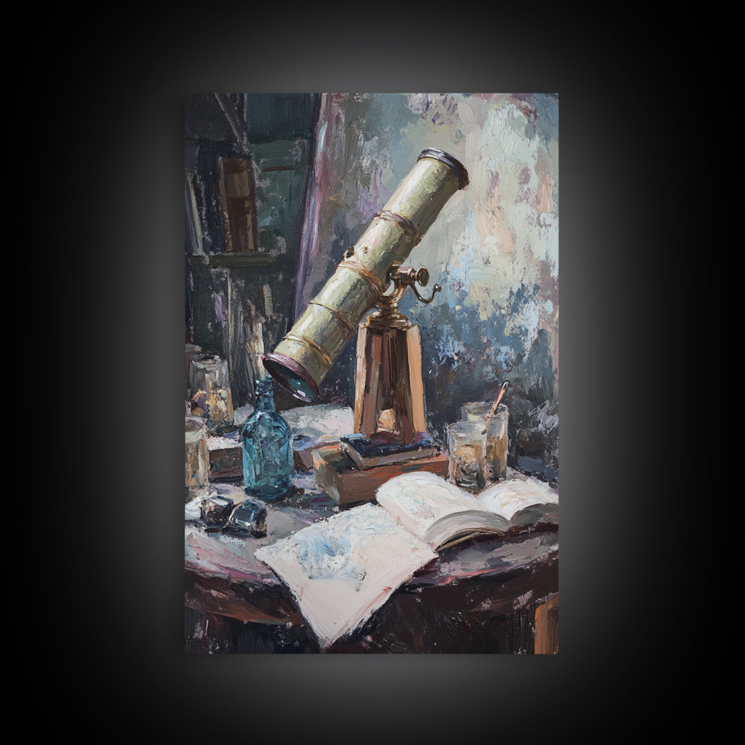 Antique Telescope Books And Open Journal Wall Art, Dark Academia Canvas Print, Astronomy Library Office Decor Gift For Him