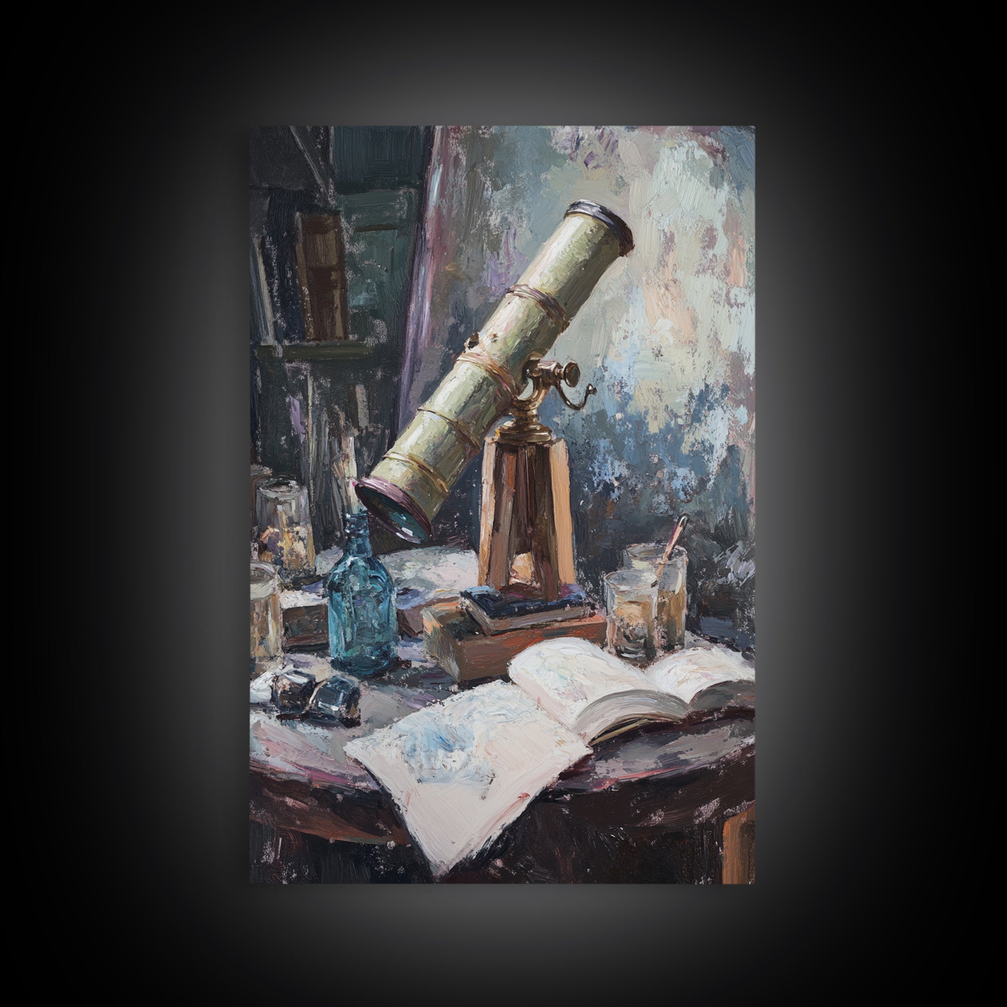 Antique Telescope Books And Open Journal Wall Art, Dark Academia Canvas Print, Astronomy Library Office Decor Gift For Him