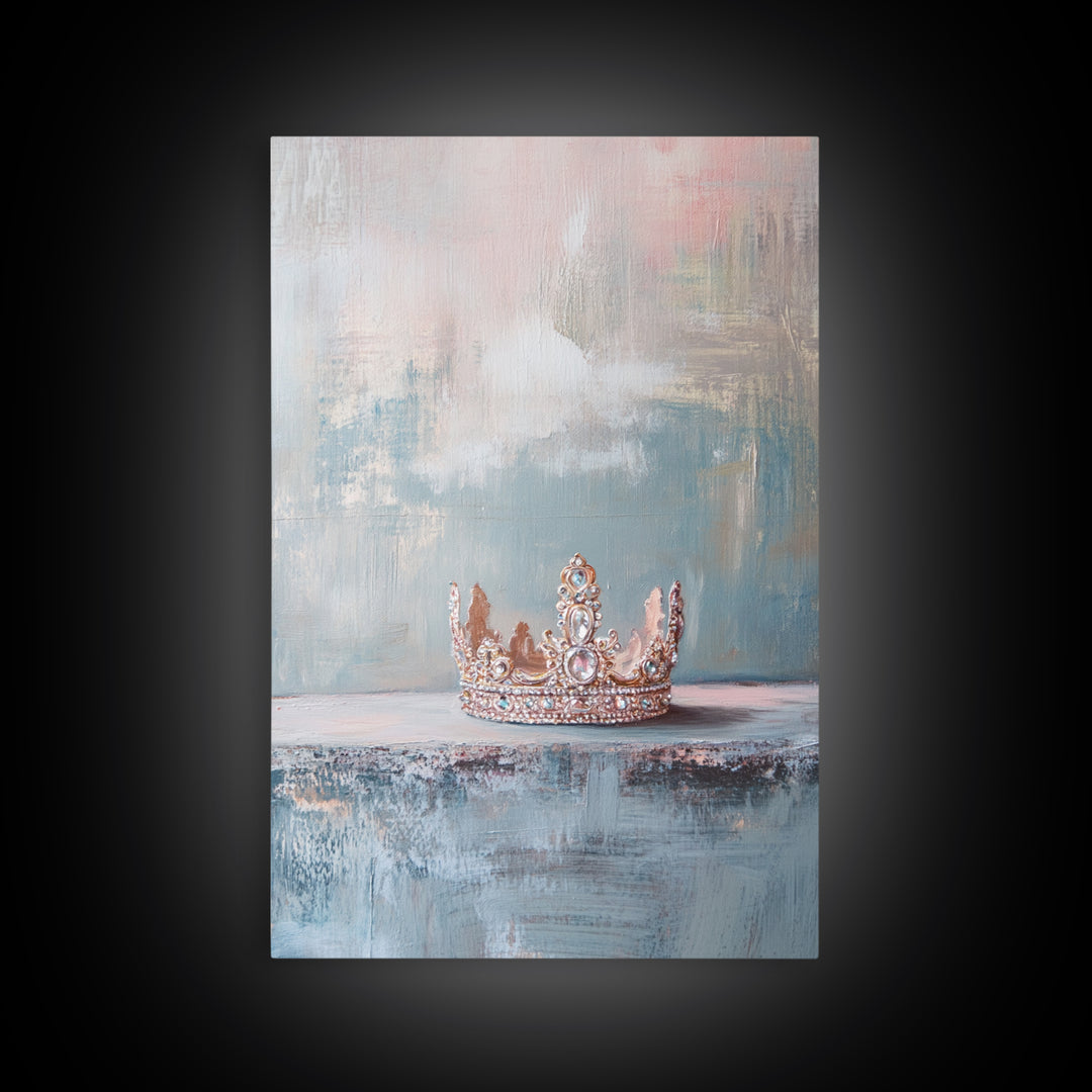 Jeweled Princess Crown Still Life Framed Canvas Print, Luxury Feminine Wall Art, Glam Bedroom Decor, Romantic Gift For Her
