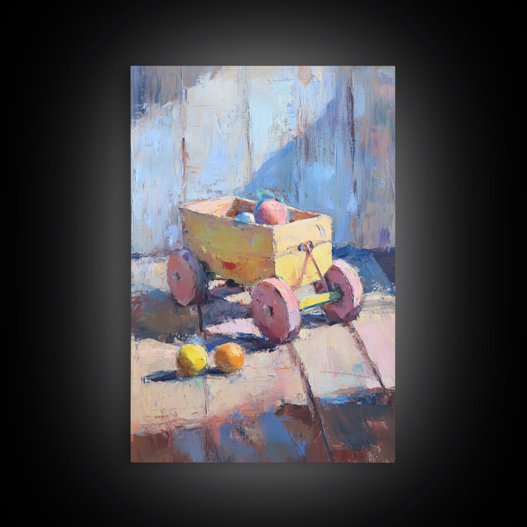 Yellow Toy Wagon With Fruit Still Life Canvas Print, Colorful Whimsical Wall Art, Kids Room Decor, Playroom Nursery Art Gift