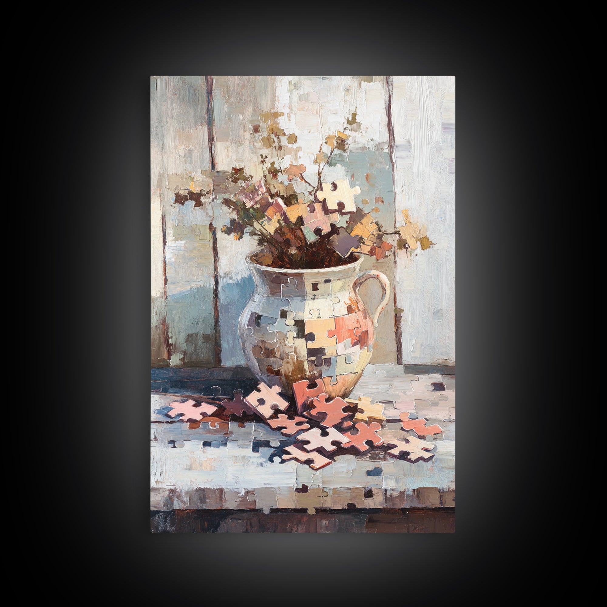 Puzzle Piece Bouquet In Ceramic Pitcher Canvas Print, Whimsical Wall Art, Unique Home Decor, Gallery Wall Art Gift For Her