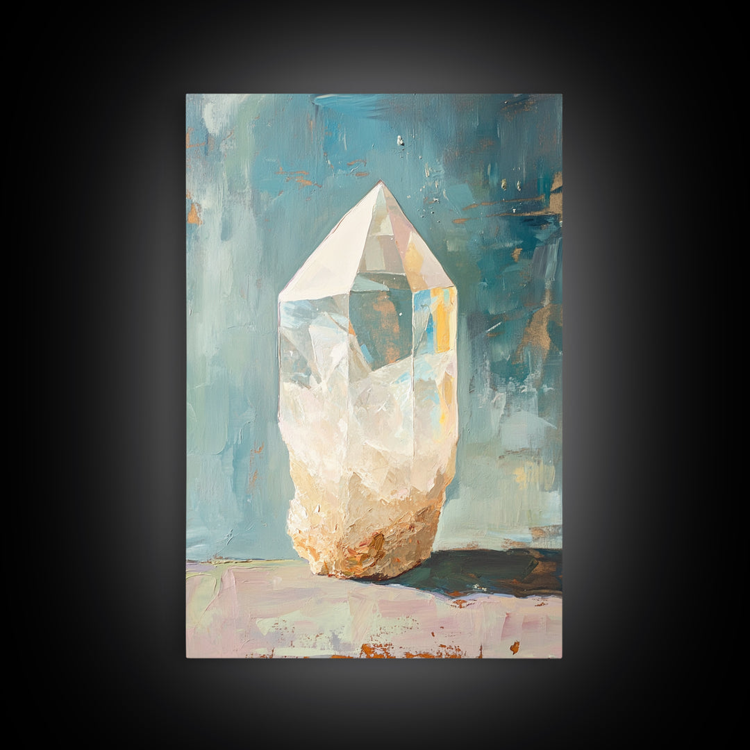 Glowing Crystal Quartz Still Life Wall Art, Spiritual Gemstone Canvas Print, Boho Home Decor, Mystical Gift For Her, Living Room Decor