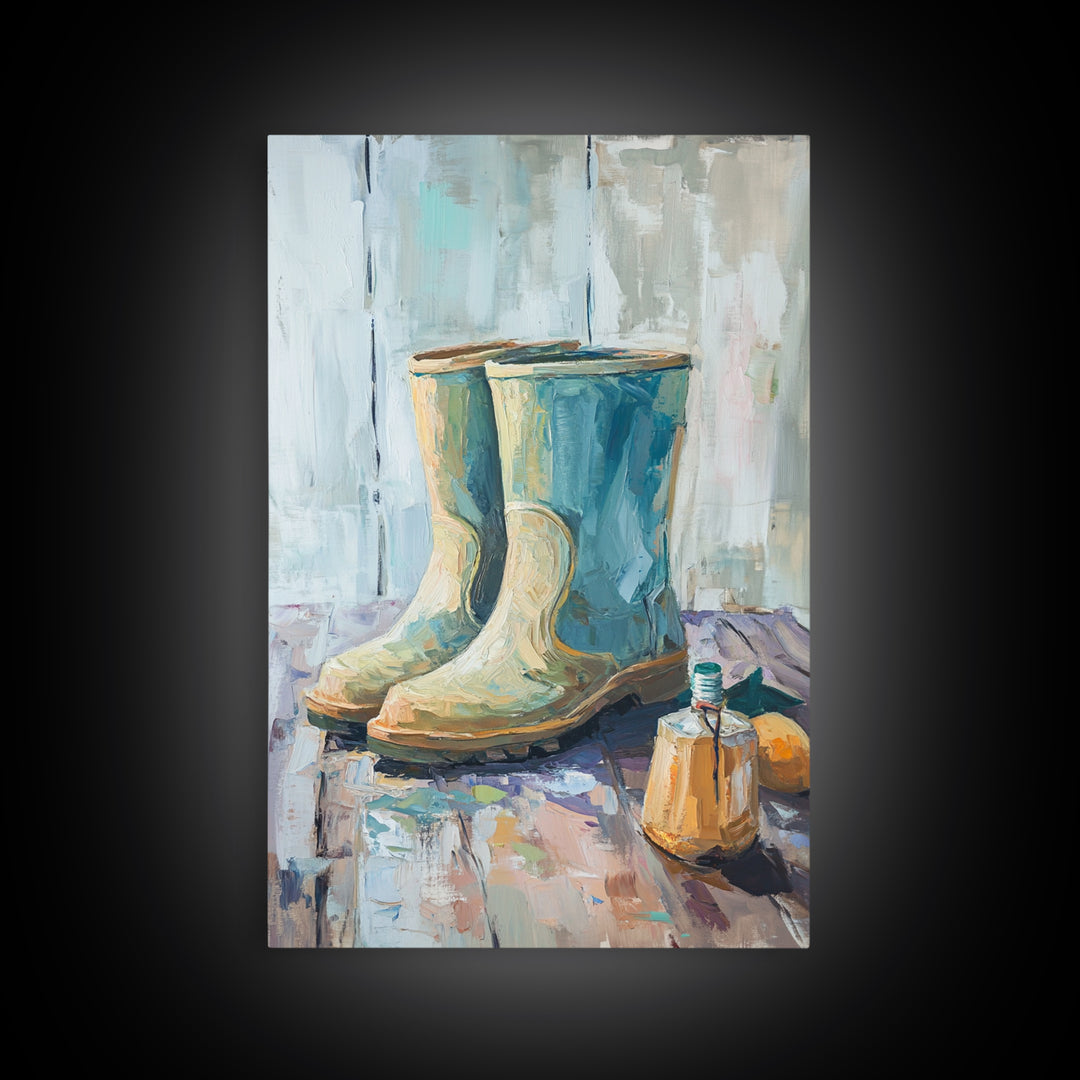 Blue Rain Boots And Small Jug Wall Art, Rustic Farmhouse Canvas Print, Country Home Decor, Mudroom Entryway Decor Gift For Her