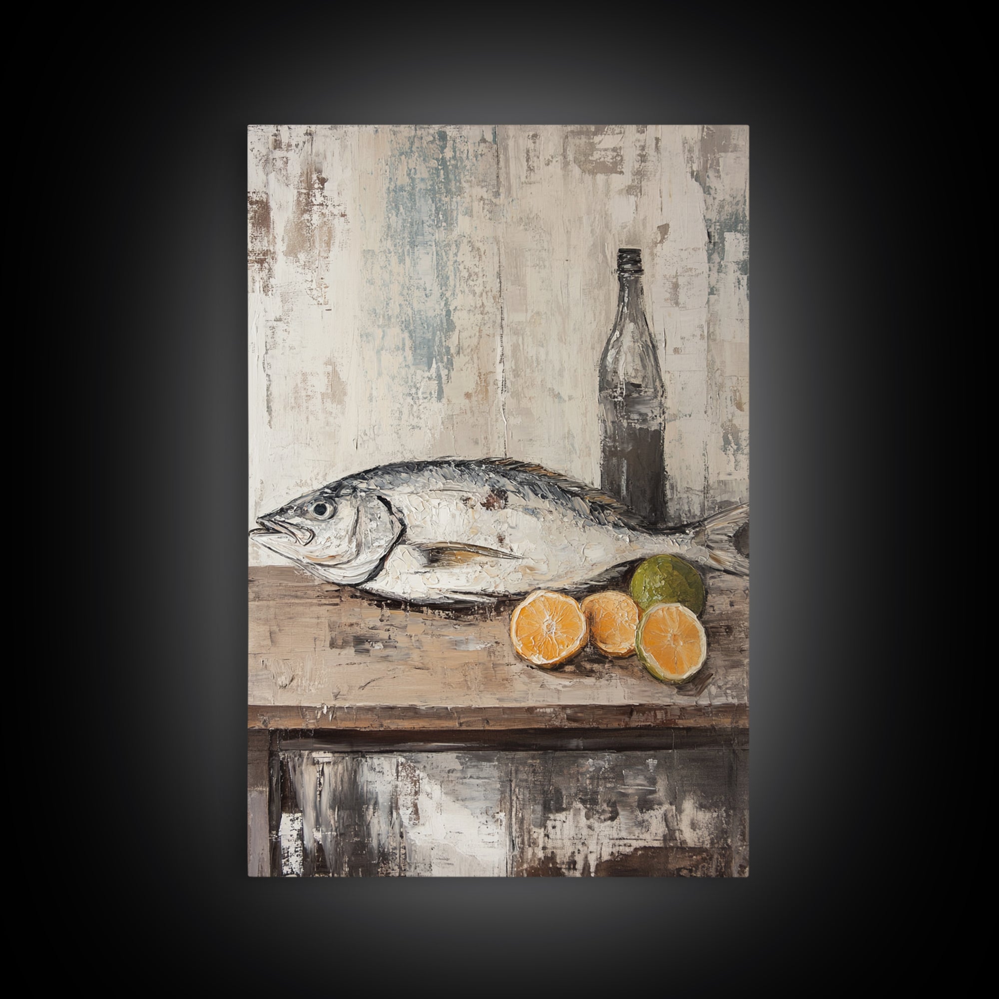 Fresh Fish With Citrus And Bottle Wall Art, Coastal Kitchen Canvas Print, Seafood Still Life, Rustic Dining Room Decor, Gift
