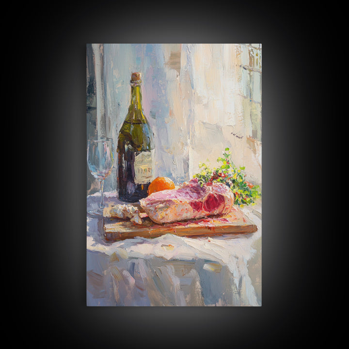 Wine Bottle And Steak Still Life Wall Art, French Kitchen Canvas Print, Dining Room Decor, Food Lover Gift, Rustic Home Decor