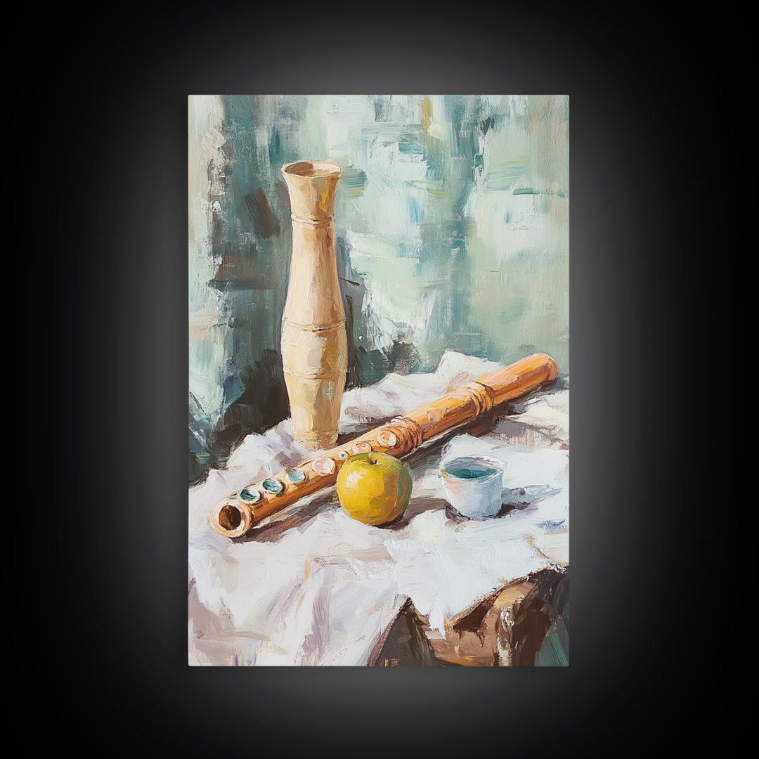 Wooden Flute Vase And Lemon Still Life Wall Art, Music Room Canvas Print, Boho Kitchen Decor, Rustic Instrument Art Gift