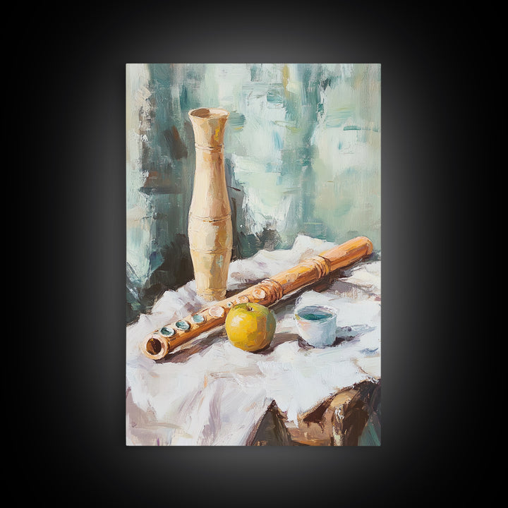 Wooden Flute Vase And Lemon Still Life Wall Art, Music Room Canvas Print, Boho Kitchen Decor, Rustic Instrument Art Gift