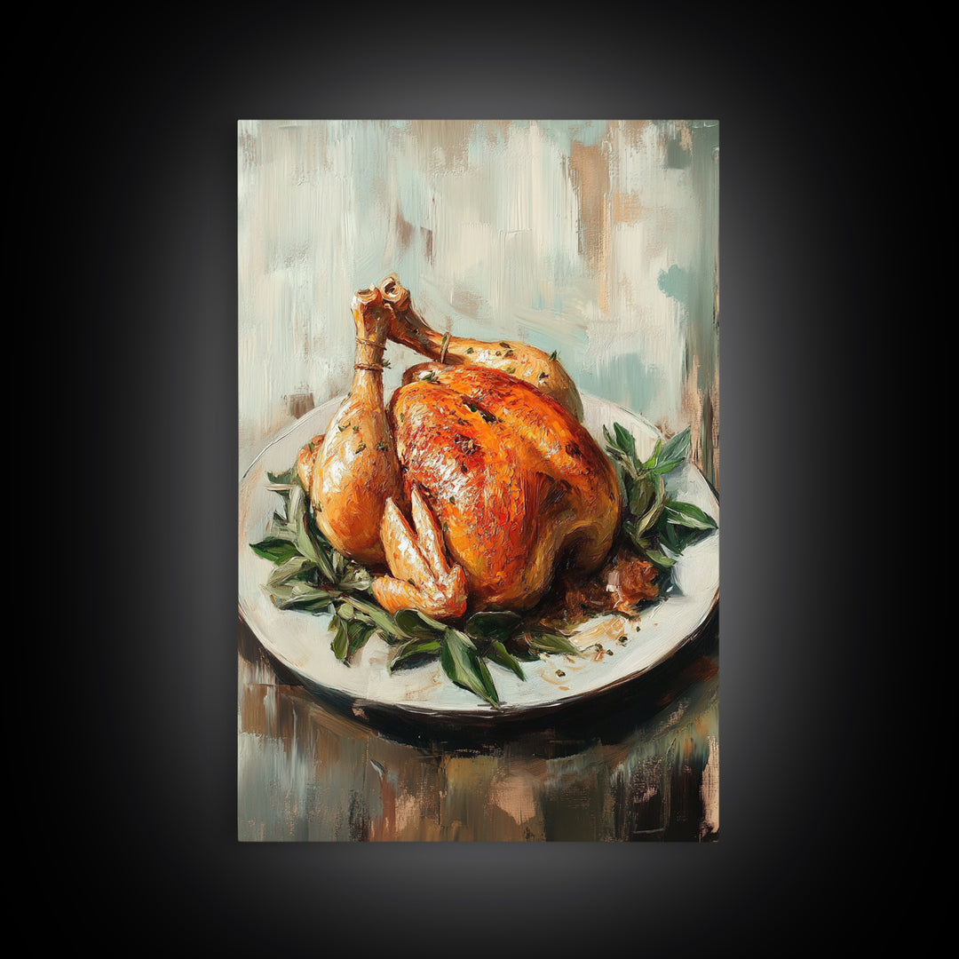 Roast Chicken With Herbs On Platter Wall Art, Rustic Kitchen Canvas Print, Farmhouse Dining Room Decor, Foodie Gift For Chef