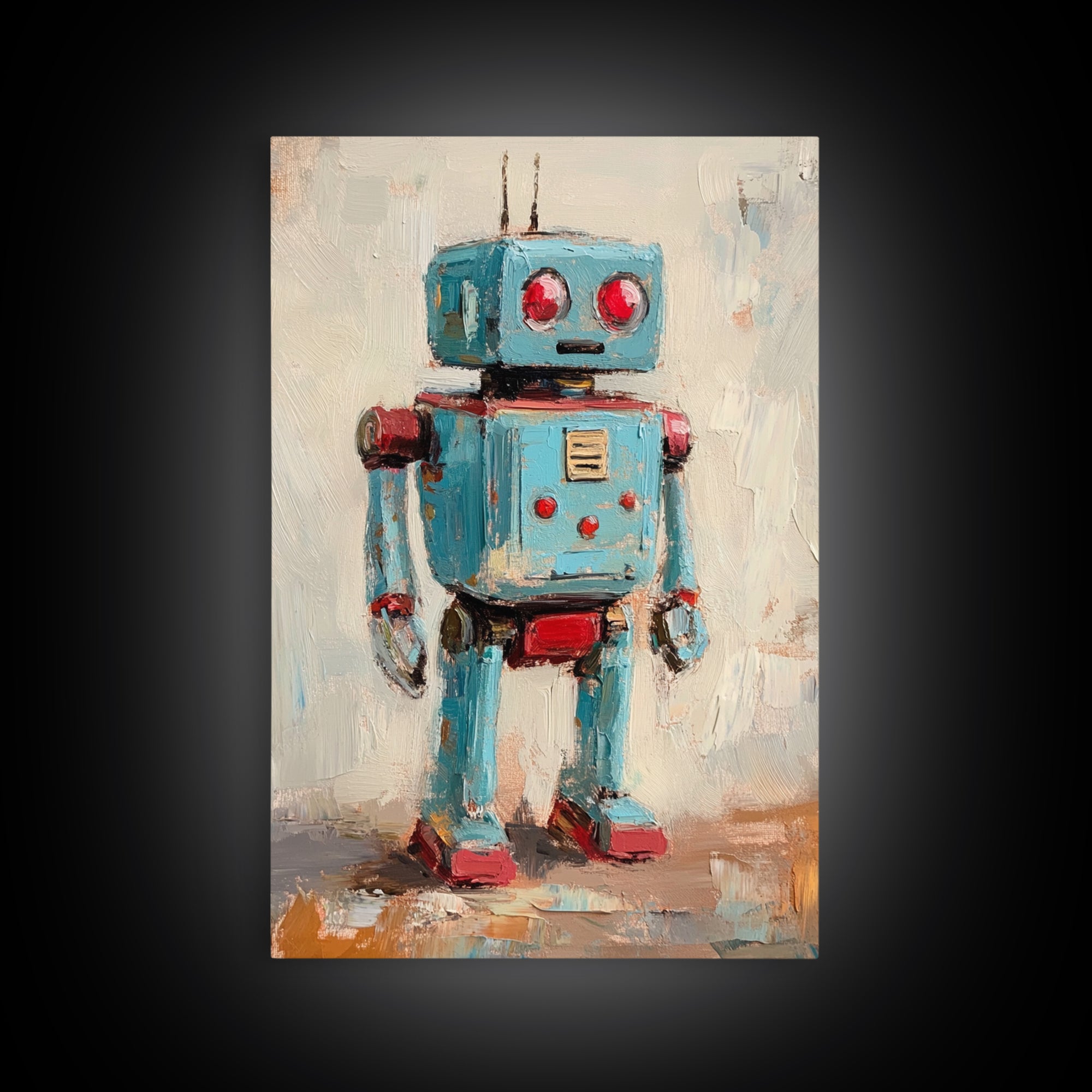 Whimsical Blue Toy Robot Oil Painting, Canvas Print For Kids Room Decor, Robot Wall Art, Sci Fi Nursery Art Gift, Modern Home Decor