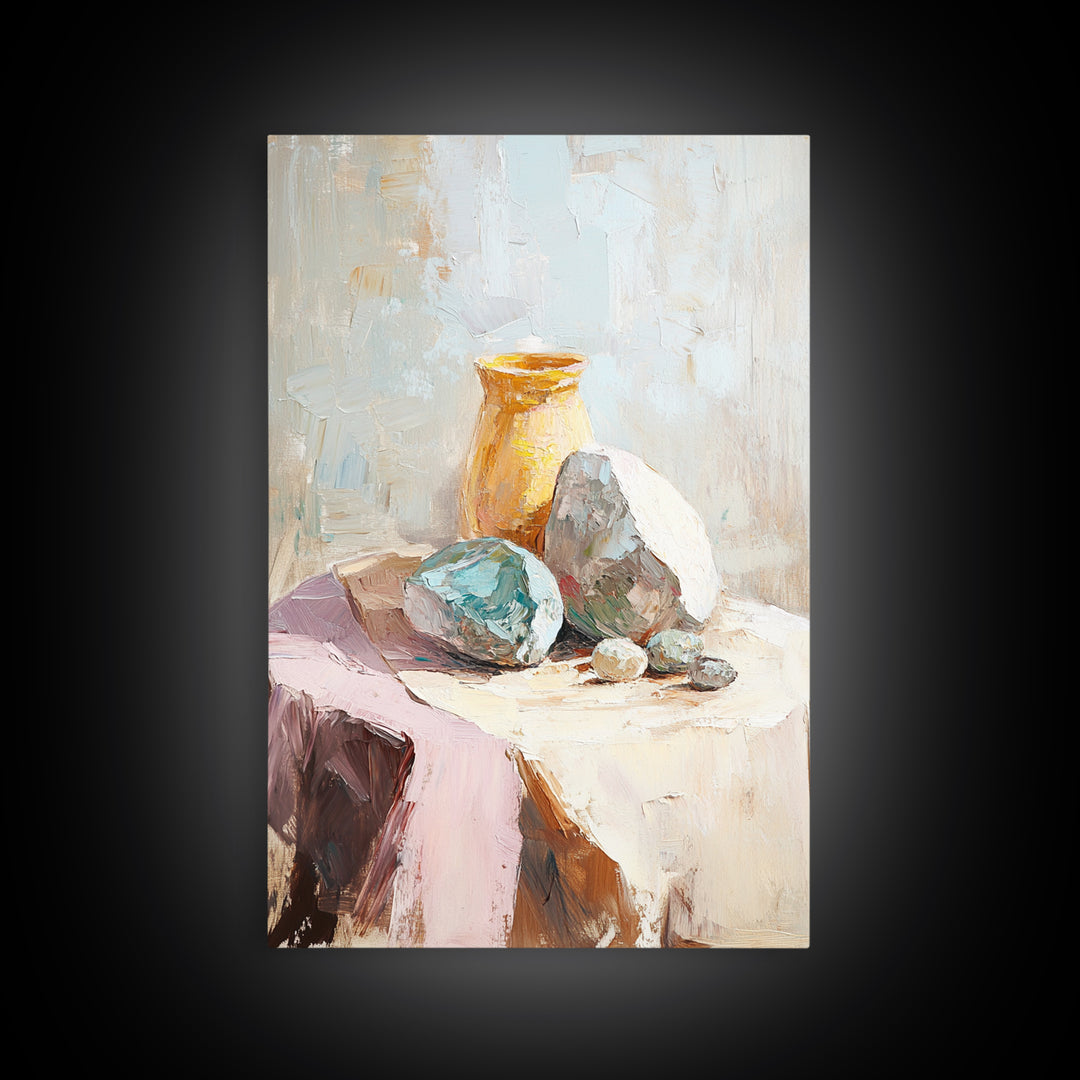 Neutral Stone And Amber Vase Still Life, Canvas Print For Minimalist Wall Art, Wabi Sabi Decor, Modern Home Decor, Fine Art Print