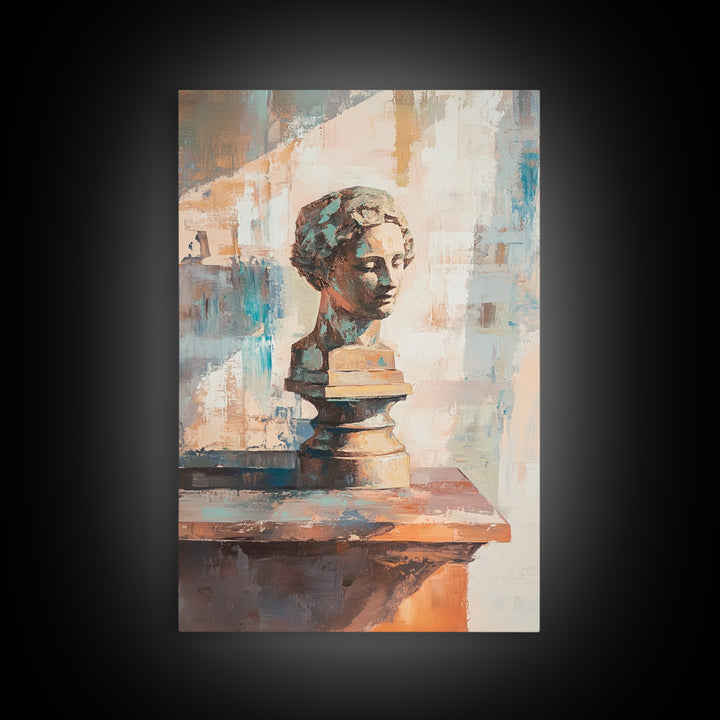 Classical Bust Sculpture On Wooden Shelf Painting, Canvas Print For Dark Academia Wall Art, Office Decor, Art History Gift