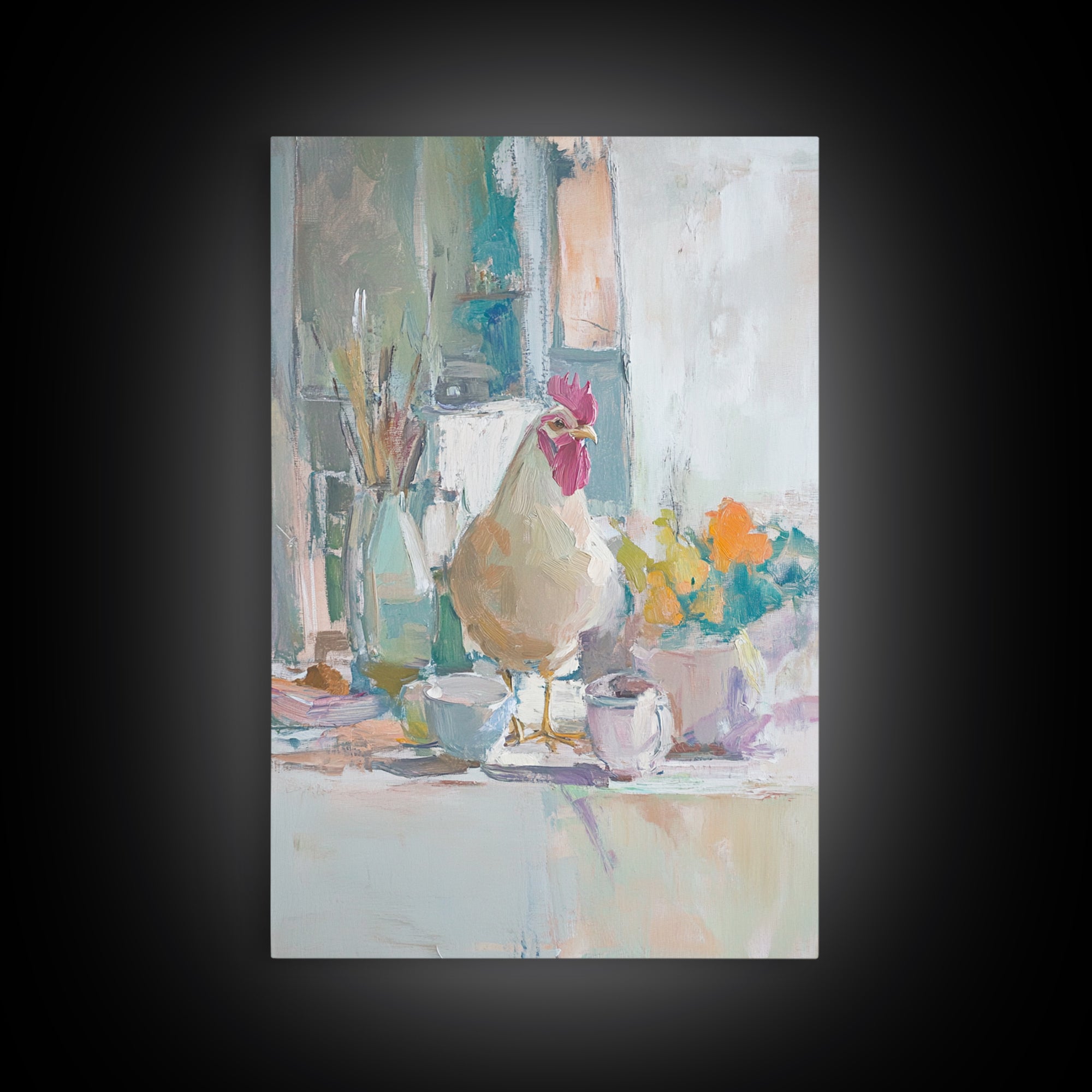 Charming Rooster On Kitchen Counter Painting, Canvas Print For Farmhouse Kitchen Wall Art, Rustic Country Decor, Chef Gift