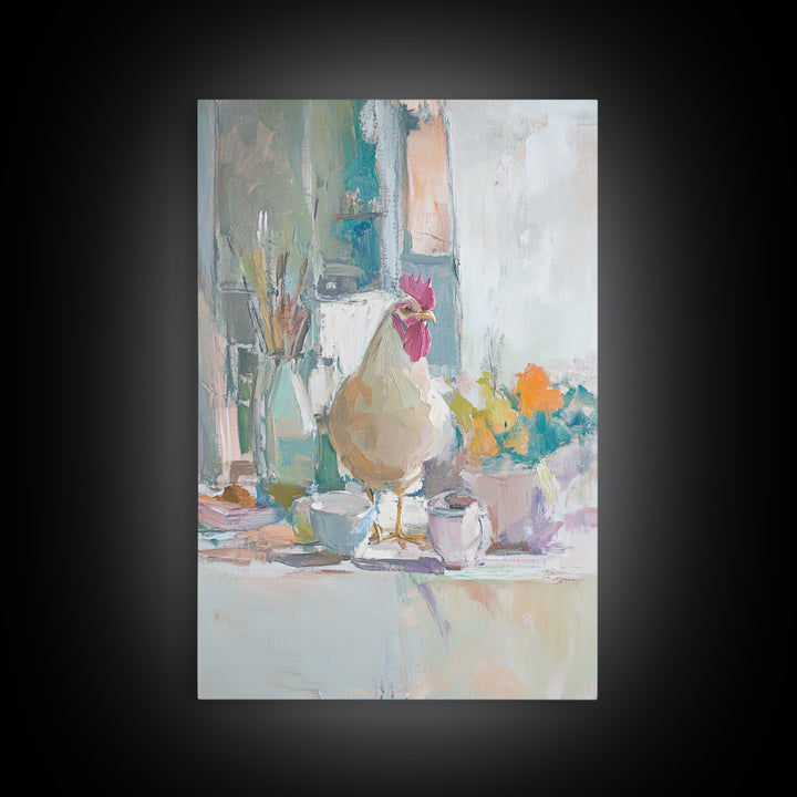 Charming Rooster On Kitchen Counter Painting, Canvas Print For Farmhouse Kitchen Wall Art, Rustic Country Decor, Chef Gift