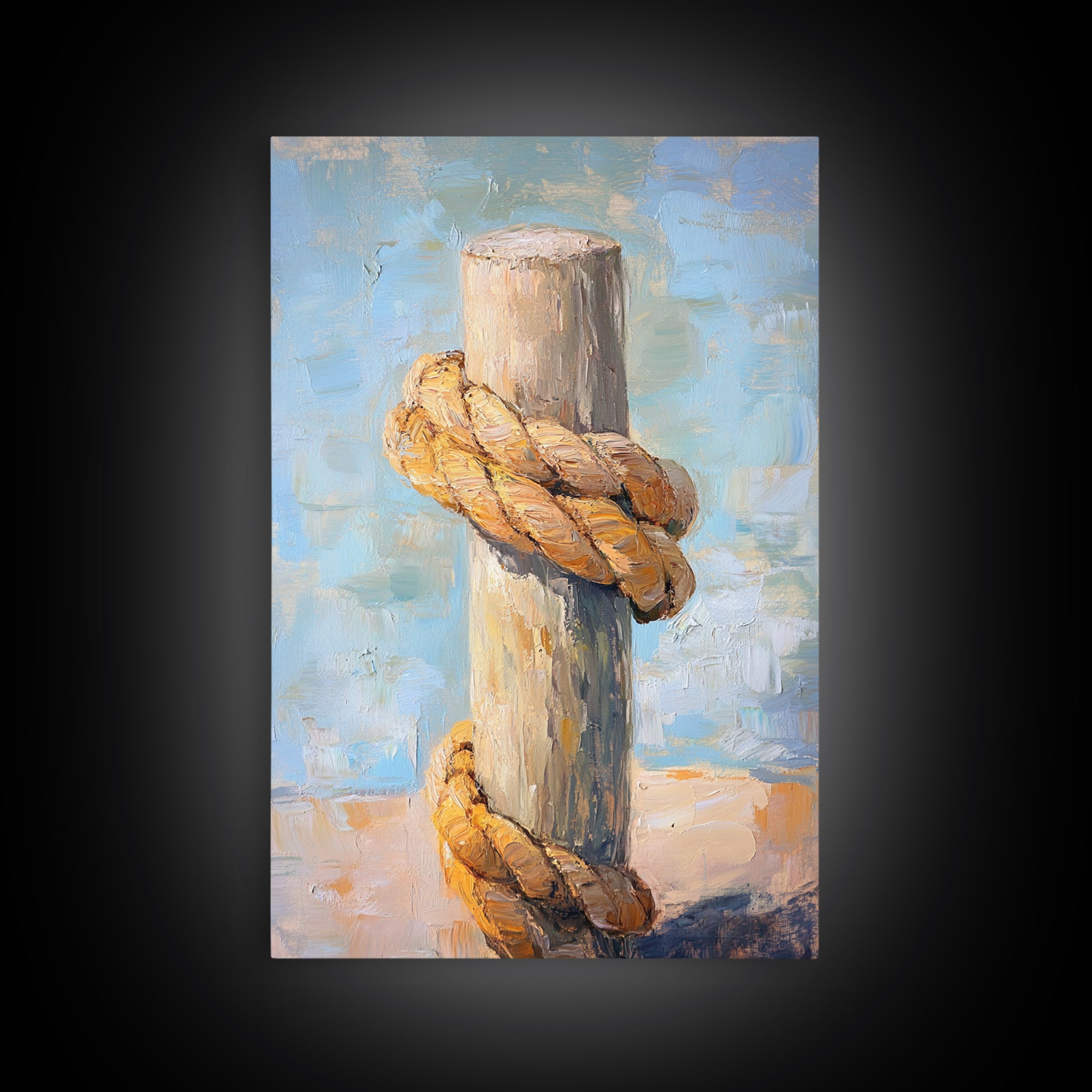 Thick Nautical Rope Around Weathered Dock Post, Framed Canvas Print For Coastal Wall Art, Beach House Decor, Lake House Gift