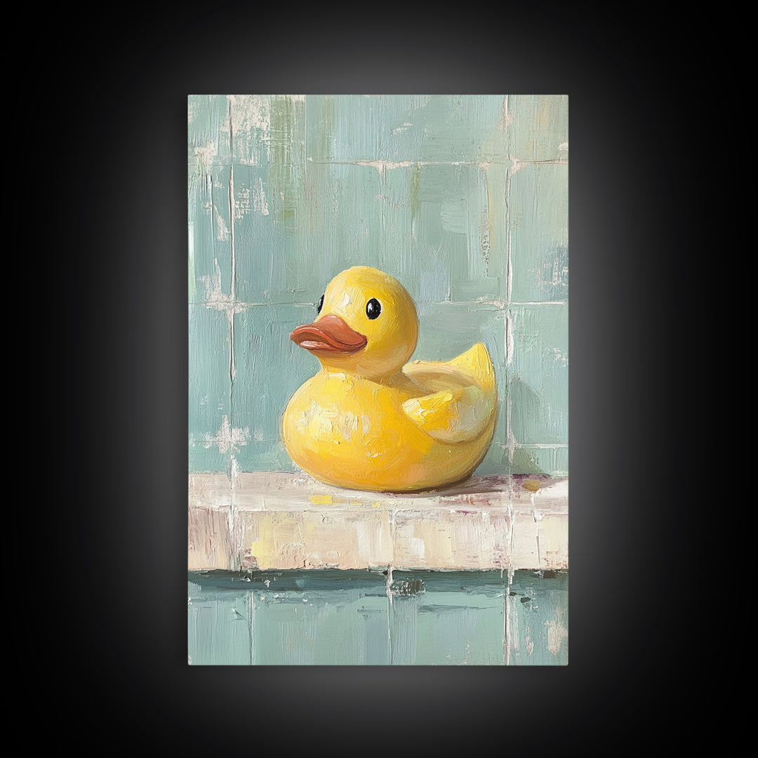 Bright Yellow Rubber Duck On Aqua Tile Painting, Canvas Print For Bathroom Wall Art, Funny Bathroom Decor, Kids Room Gift
