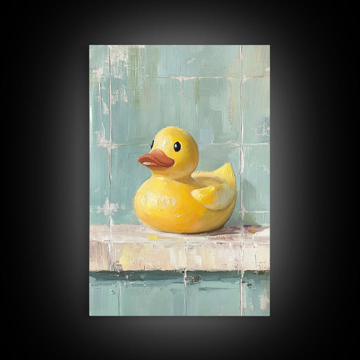 Bright Yellow Rubber Duck On Aqua Tile Painting, Canvas Print For Bathroom Wall Art, Funny Bathroom Decor, Kids Room Gift