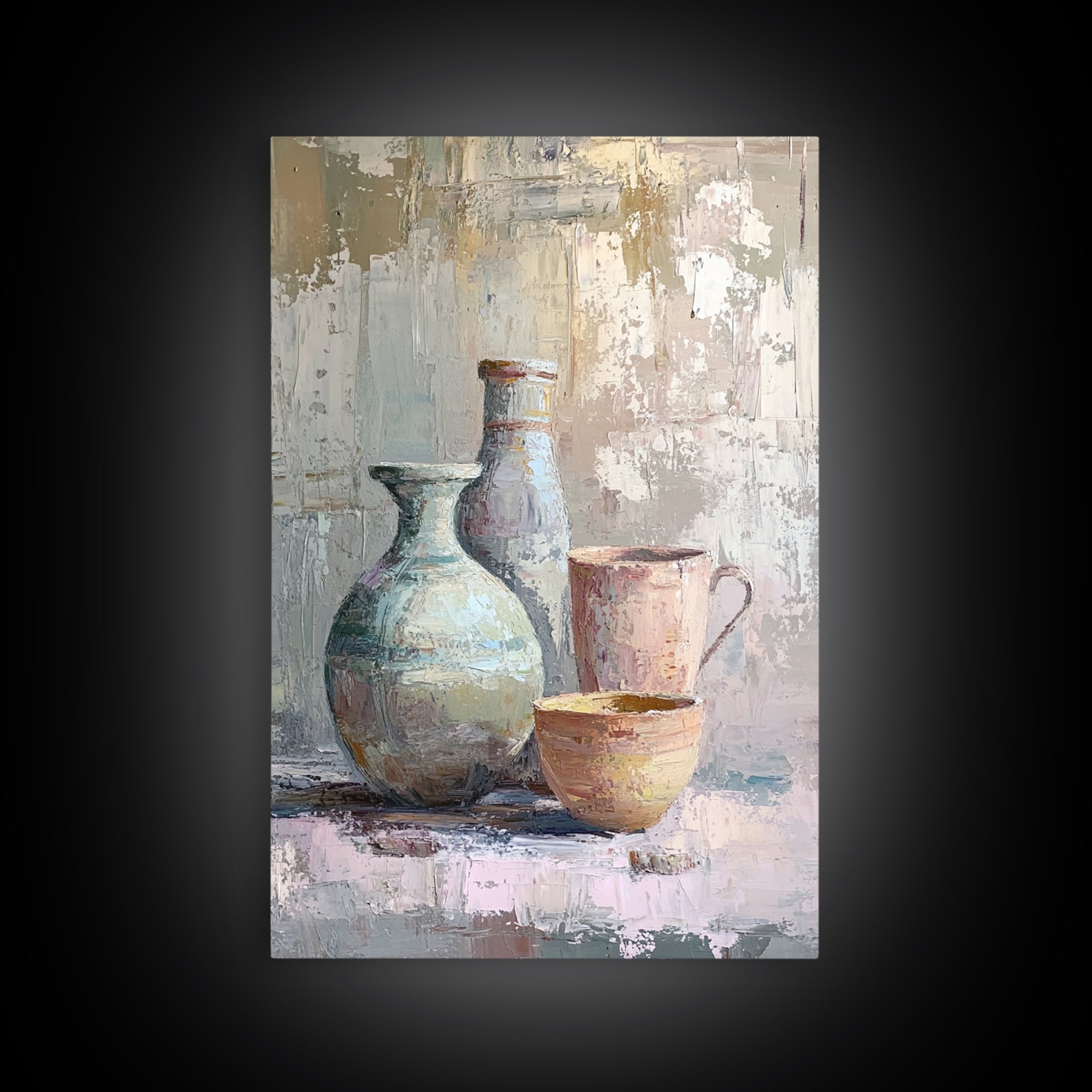 Textured Ceramic Vessels And Tea Cups Canvas Print, Neutral Kitchen Wall Art, Rustic Home Decor, Still Life Art Print Gift