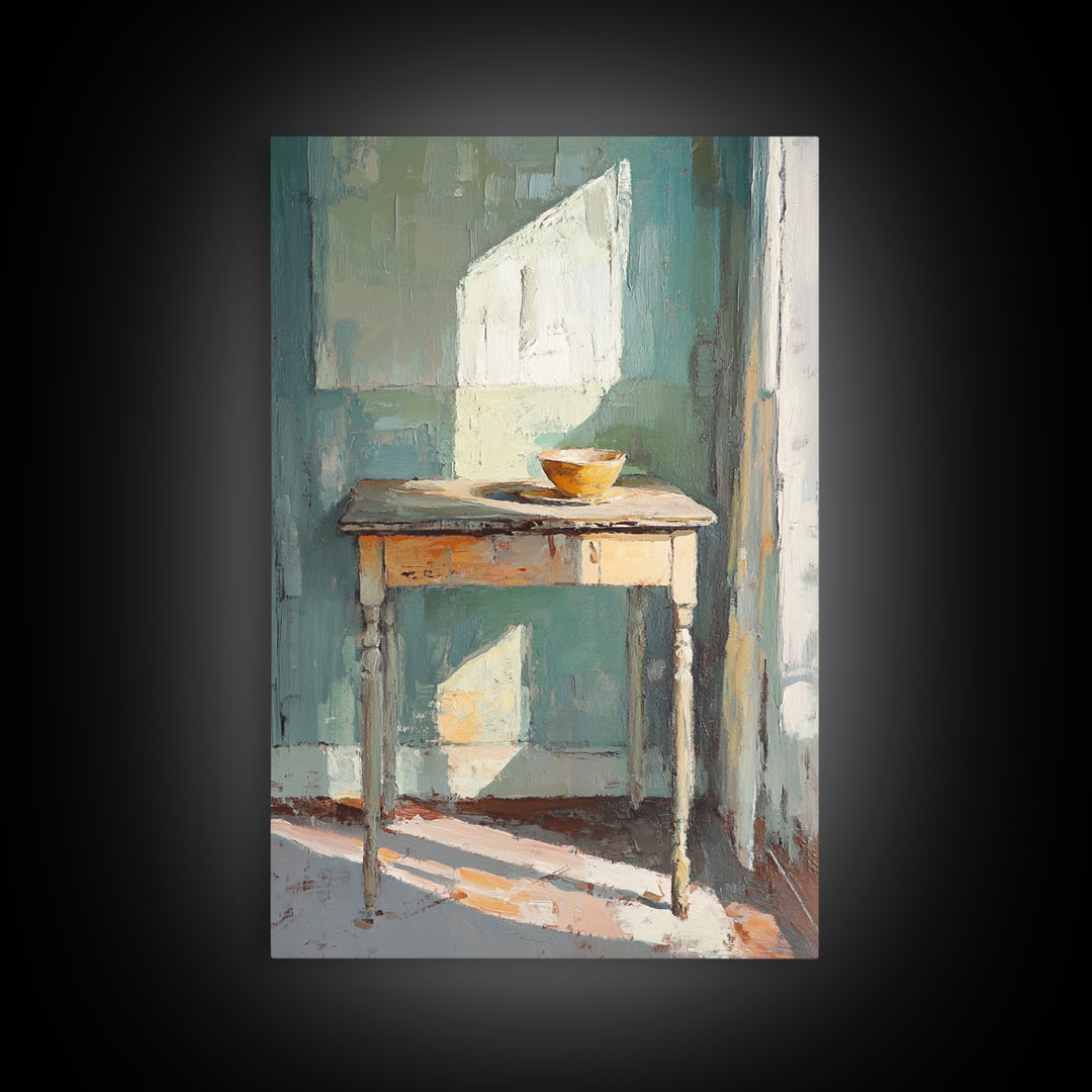 Sunlit Wooden Table With Orange Bowl Framed Canvas Print, Minimalist Wall Art, Japandi Decor, Neutral Home Decor Gift For Her