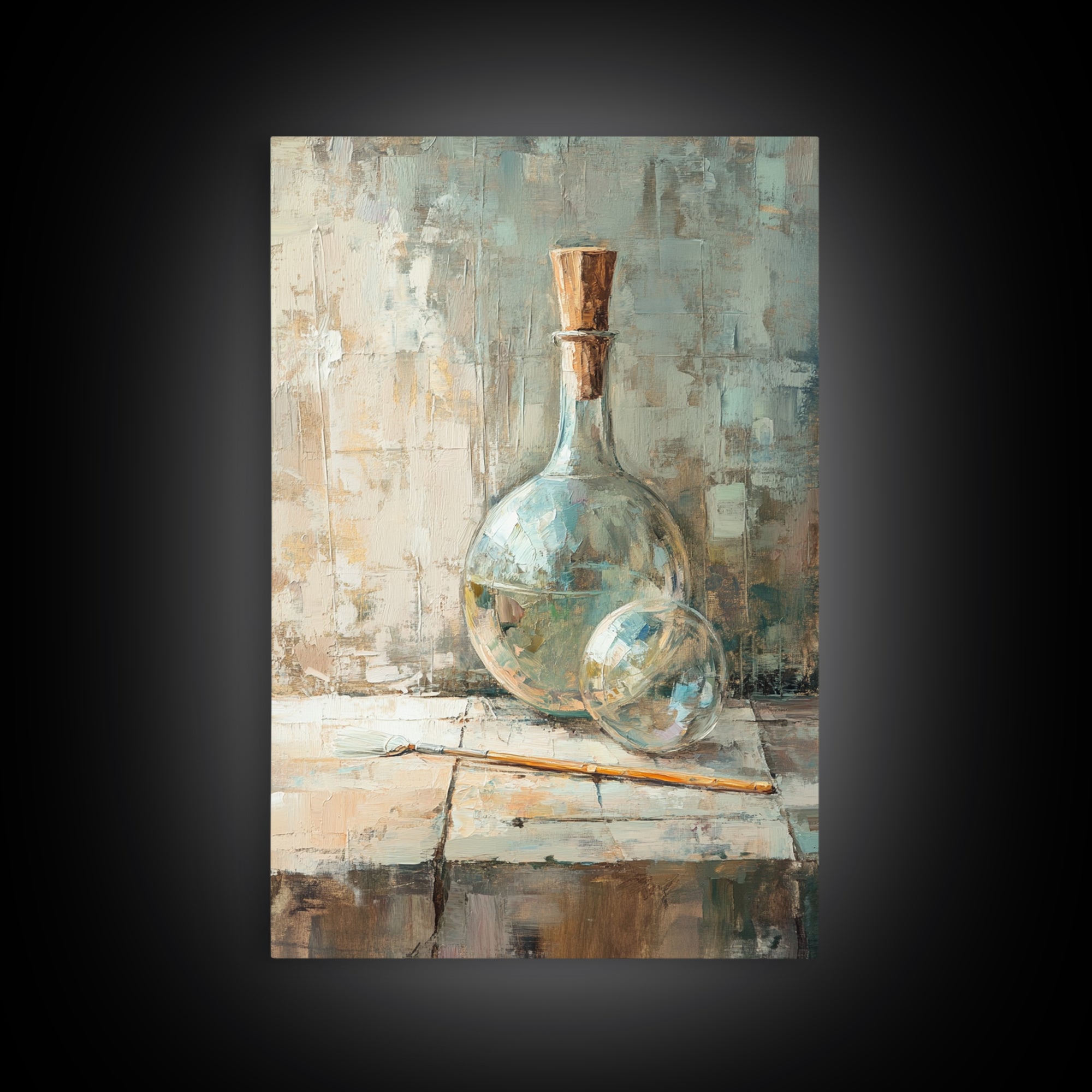 Aqua Glass Bottle And Cork Still Life Wall Art, Coastal Kitchen Decor, Neutral Canvas Wall Art, Contemporary Art Print Gift