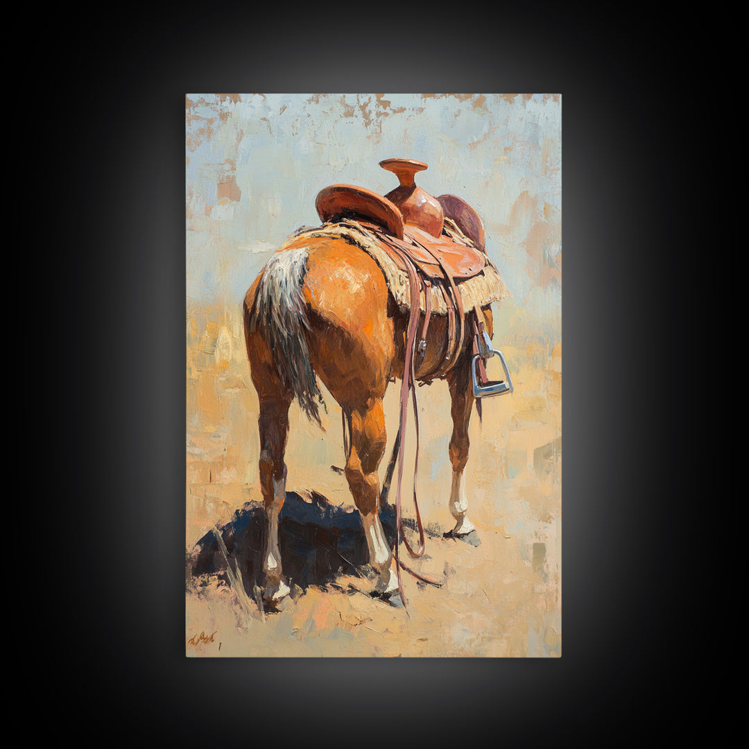 Saddled Chestnut Horse Western Canvas Print, Rustic Cowboy Wall Art, Equestrian Home Decor, Farmhouse Ranch Gift For Horse Lovers