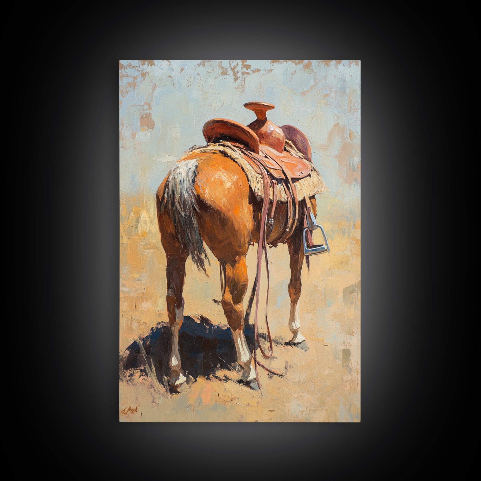 Saddled Chestnut Horse Western Canvas Print, Rustic Cowboy Wall Art, Equestrian Home Decor, Farmhouse Ranch Gift For Horse Lovers