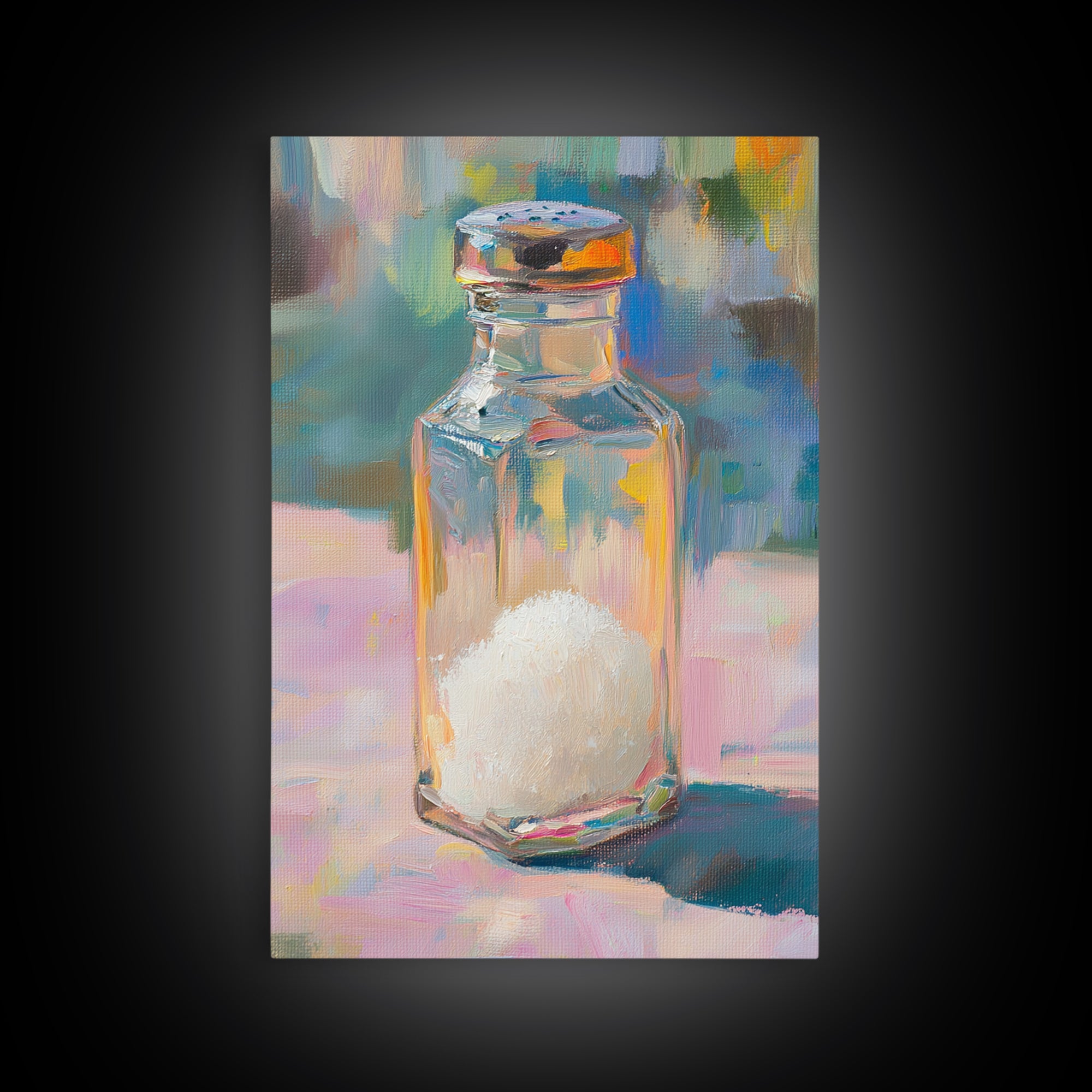 Colorful Glass Salt Shaker Canvas Print, Modern Kitchen Wall Art, Bright Still Life Painting, Dopamine Home Decor Gift Idea