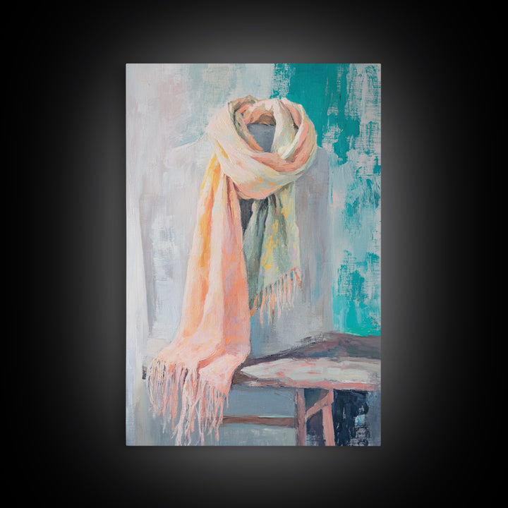 Soft Pastel Scarf On Dress Form Canvas Print, Feminine Wall Art, Fashion Studio Decor, Chic Neutral Bedroom Art Gift For Her