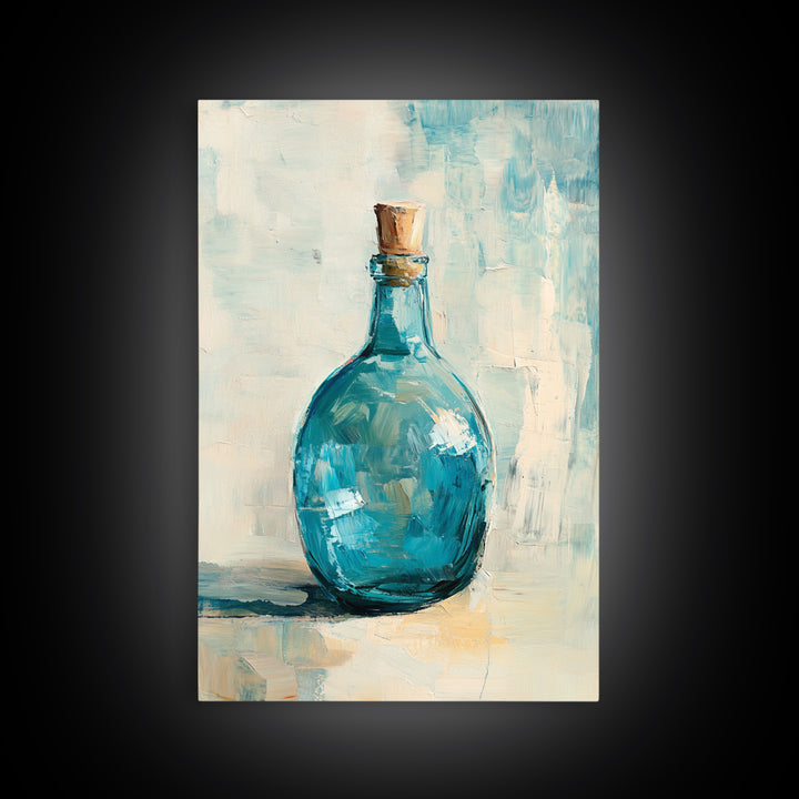 Turquoise Glass Bottle With Cork Canvas Print, Coastal Wall Art, Minimal Still Life Painting, Blue Bathroom Home Decor Gift