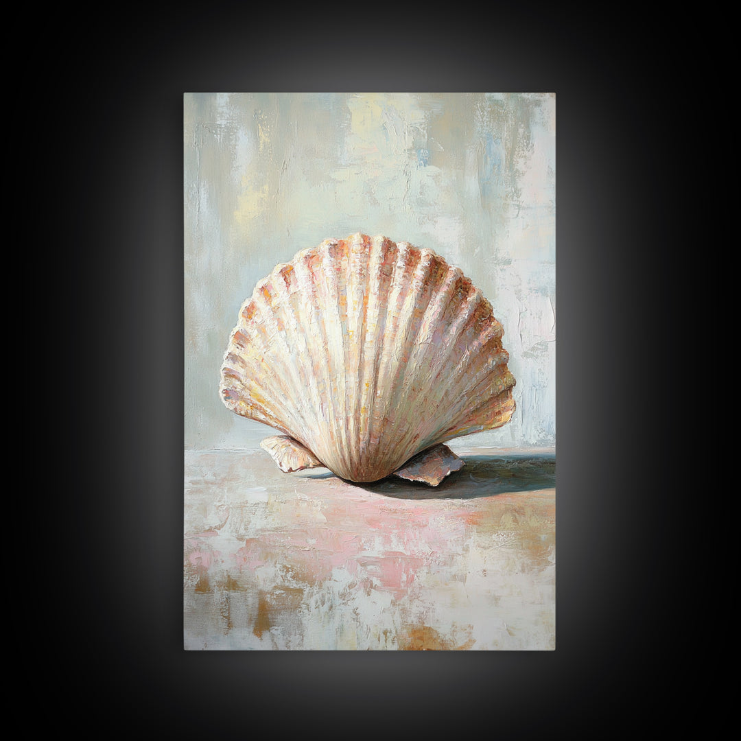 Textured Scallop Shell Still Life Wall Art, Coastal Beach House Decor, Seashell Painting, Neutral Bathroom Wall Decor, Spa Art