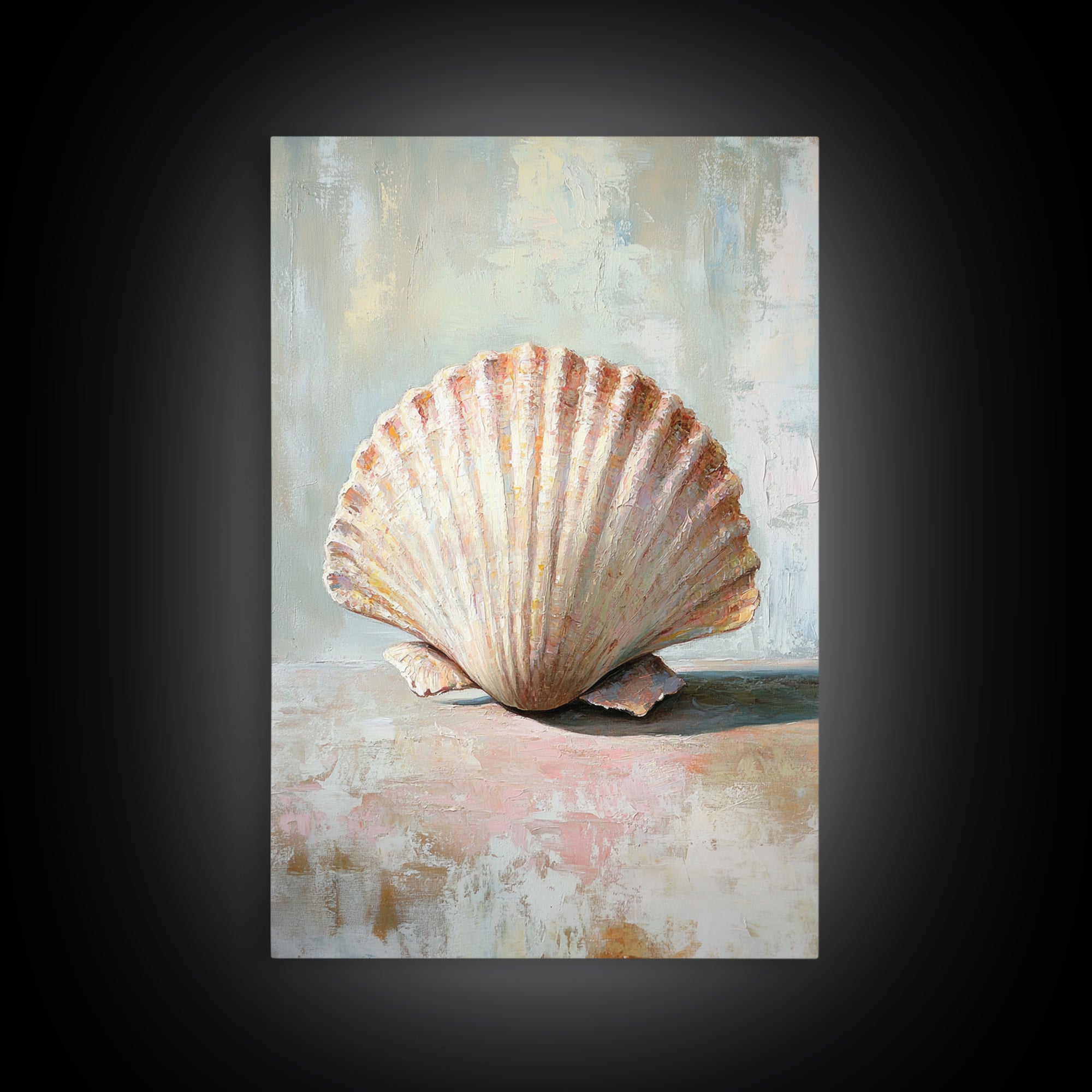 Textured Scallop Shell Still Life Wall Art, Coastal Beach House Decor, Seashell Painting, Neutral Bathroom Wall Decor, Spa Art