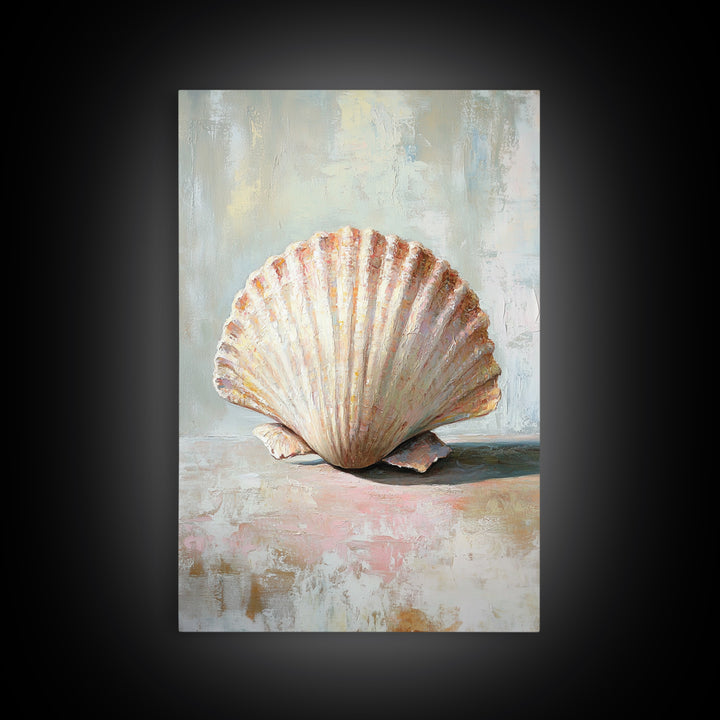 Textured Scallop Shell Still Life Wall Art, Coastal Beach House Decor, Seashell Painting, Neutral Bathroom Wall Decor, Spa Art
