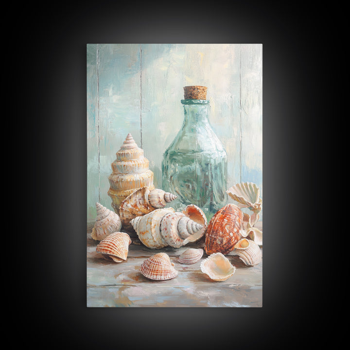 Sea Shells And Corked Glass Bottle Canvas Print, Coastal Wall Art, Beach House Decor, Nautical Bathroom Art, Ocean Print