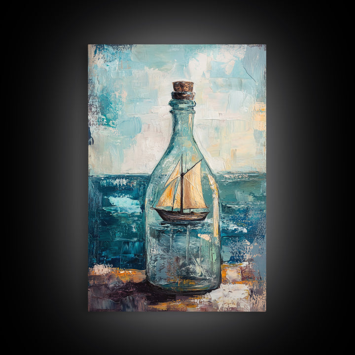 Ship In A Bottle Nautical Canvas Print, Coastal Wall Art, Sailboat Seascape, Ocean Decor, Beach House Statement Artwork Print